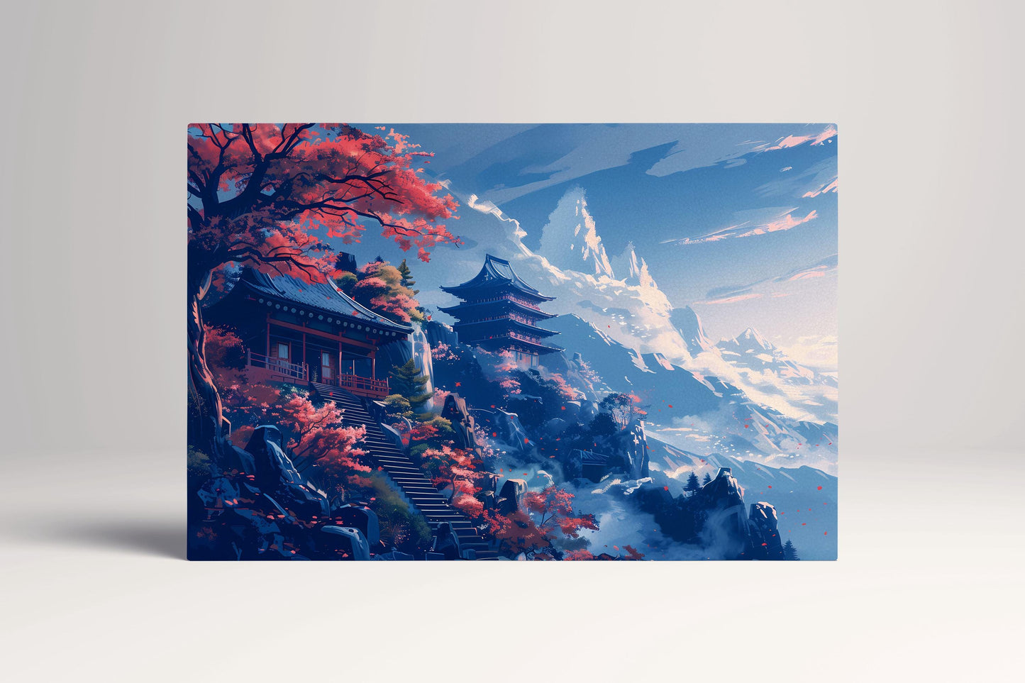 Harmony of Autumn Mountains: Japanese Temple Canvas Wall Decor Eco Leather Print