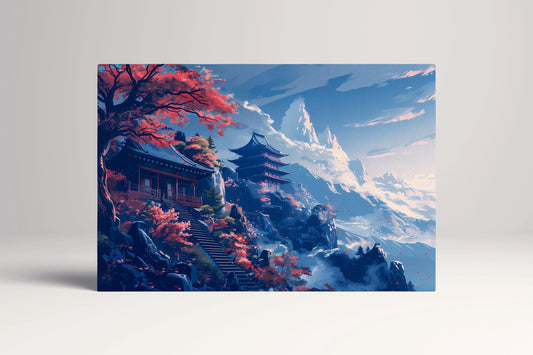 Harmony of Autumn Mountains: Japanese Temple Canvas Wall Decor Eco Leather Print