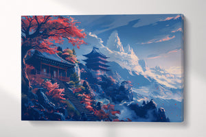 Harmony of Autumn Mountains: Japanese Temple Canvas Wall Decor Eco Leather Print Single