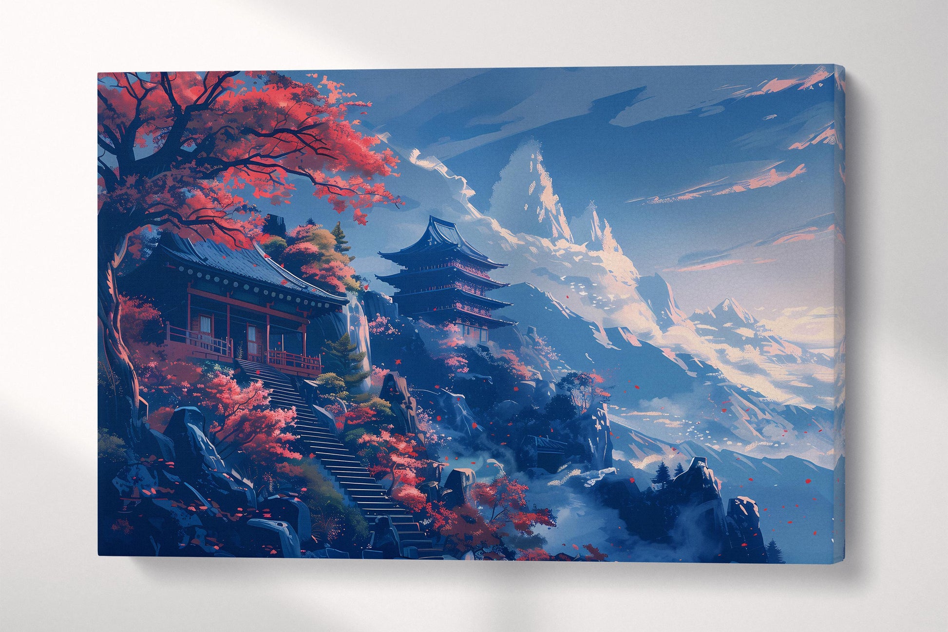 Harmony of Autumn Mountains: Japanese Temple Canvas Wall Decor Eco Leather Print Single