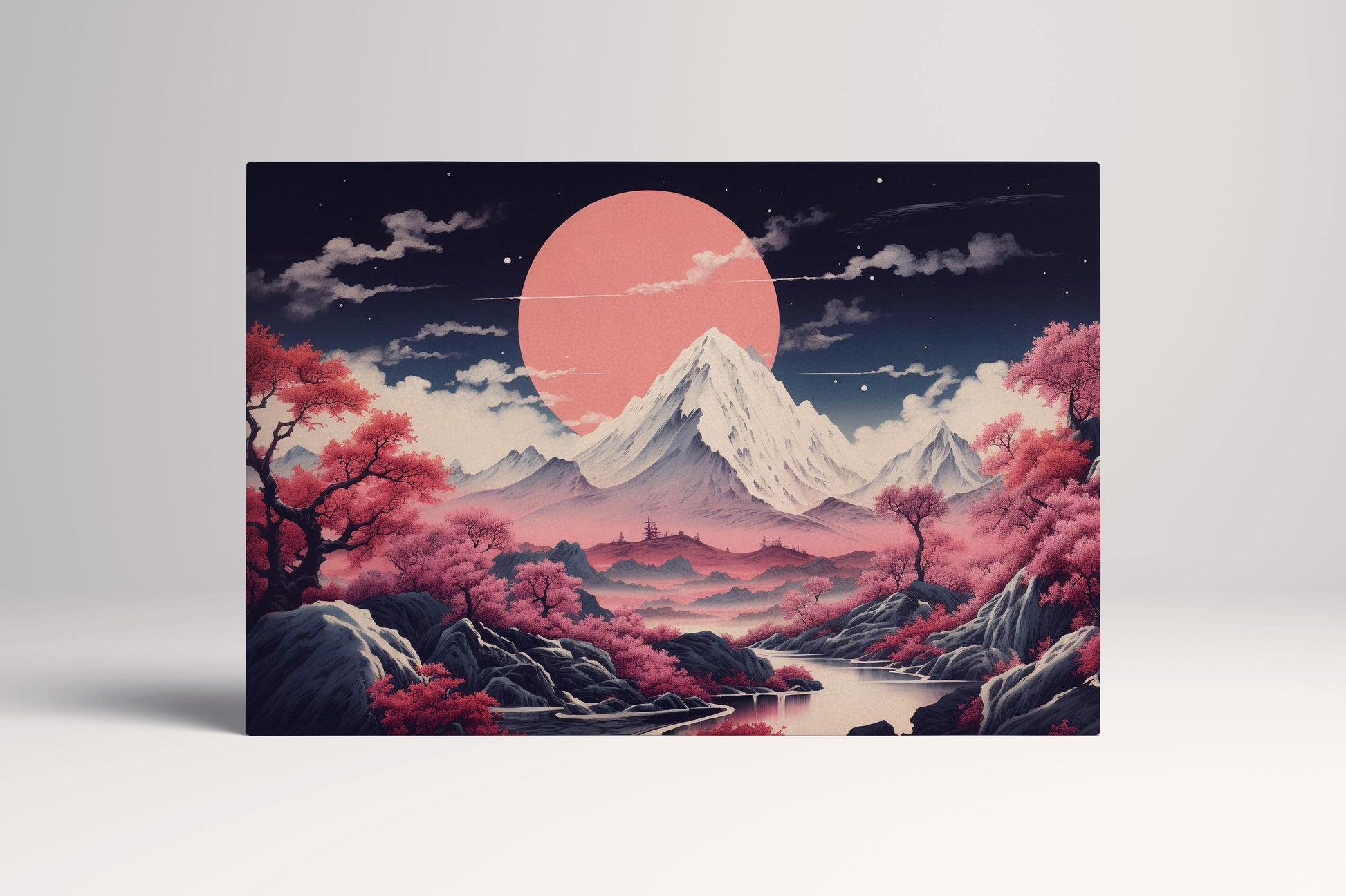 Dramatic Pink Moonrise Over Sakura Peaks Japanese Mountain Canvas Home Art Wall Decor Eco Leather Print