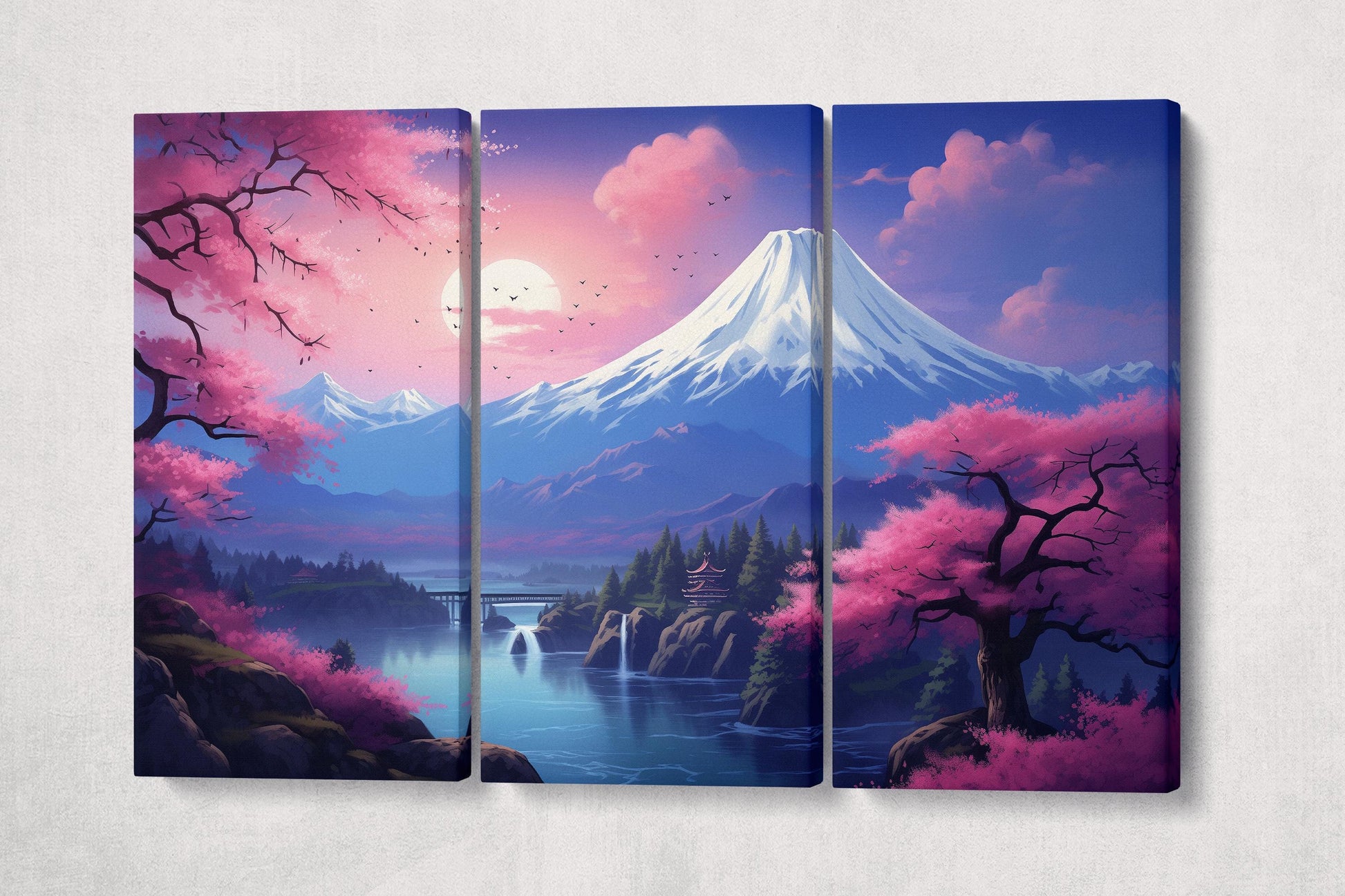 Majestic Sakura Under the Snow-Capped Mountain: A Breathtaking Sunset Landscape Canvas Home Art Wall Decor Eco Leather Print 3 Panels