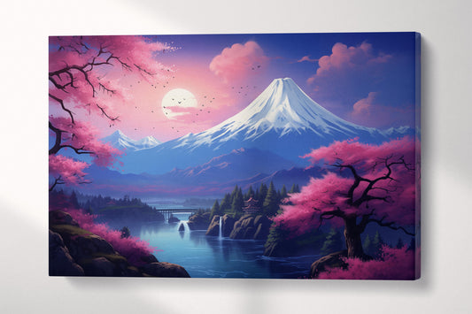 Majestic Sakura Under the Snow-Capped Mountain: A Breathtaking Sunset Landscape Canvas Home Art Wall Decor Eco Leather Print Single Panel