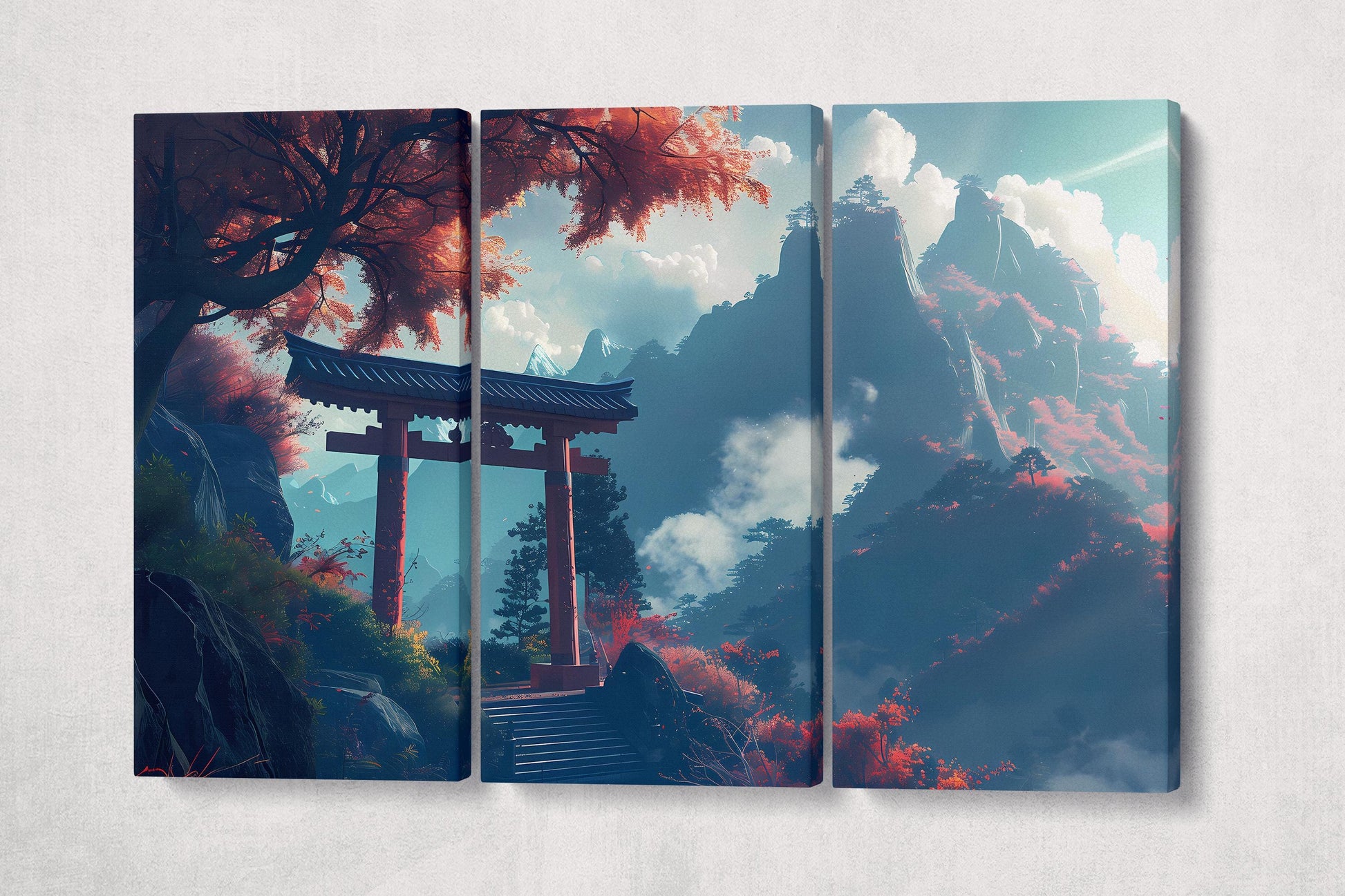 Gateway to the Sacred Peaks: Autumn's Embrace on the Mountain Trail Canvas Home Art Wall Decor Eco Leather Print 3 Panels