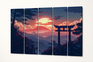 Japanese Sunset Over Torii Gate: Majestic Landscape Canvas Art Canvas Home Art Wall Decor Eco Leather Print 5 Panels
