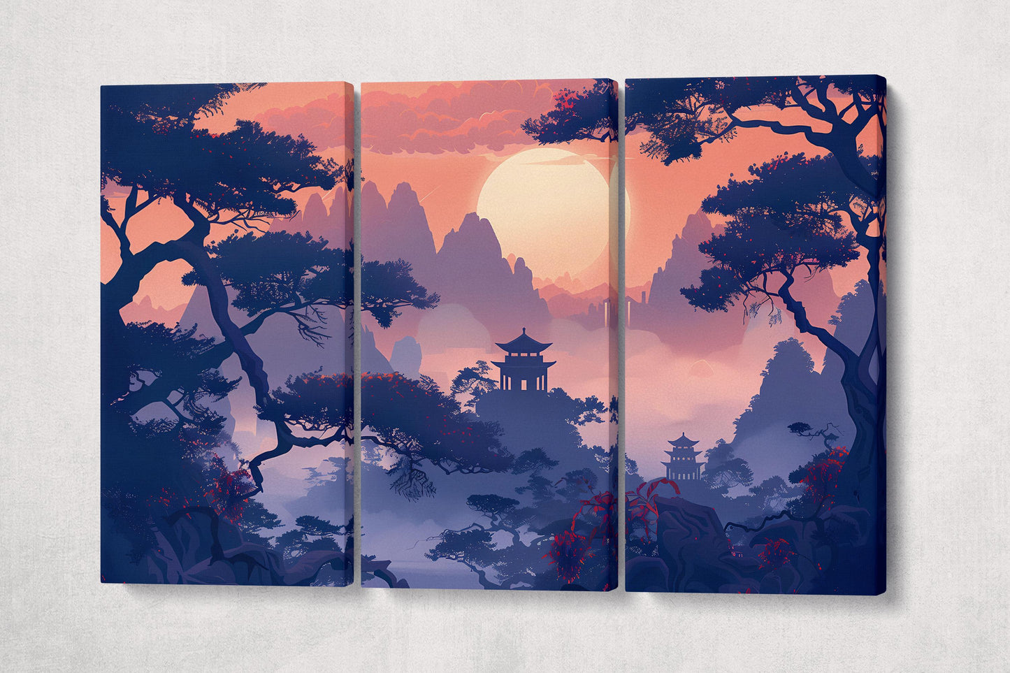 Mystical Pagoda at Dusk – Dreamlike Landscape Chinese Shan Shui Canvas Home Art Wall Decor Eco Leather Print 3 Panels