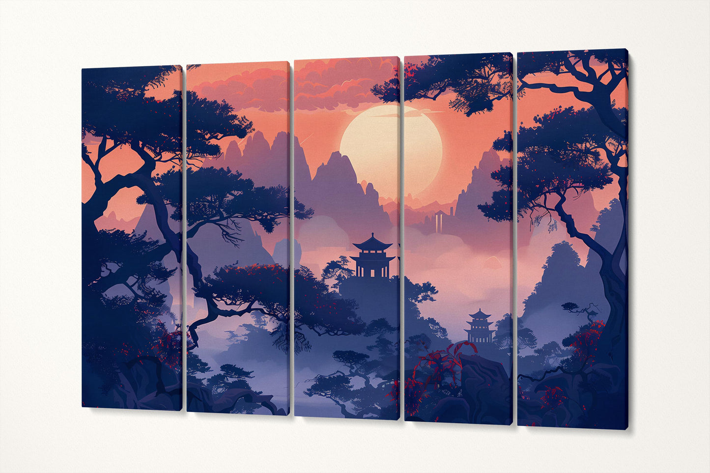 Mystical Pagoda at Dusk – Dreamlike Landscape Chinese Shan Shui Canvas Home Art Wall Decor Eco Leather Print 5 Panels