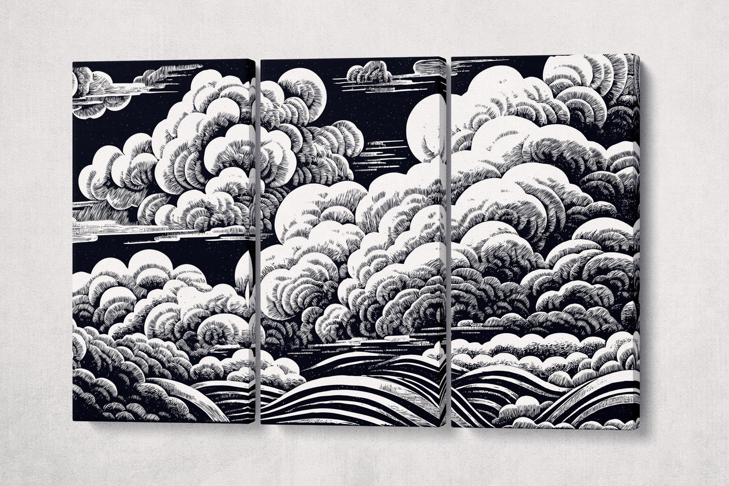 Hand-Sketched Black and White Clouds Japanese Style Eco Leather Wall Art Canvas Print 3 Panels