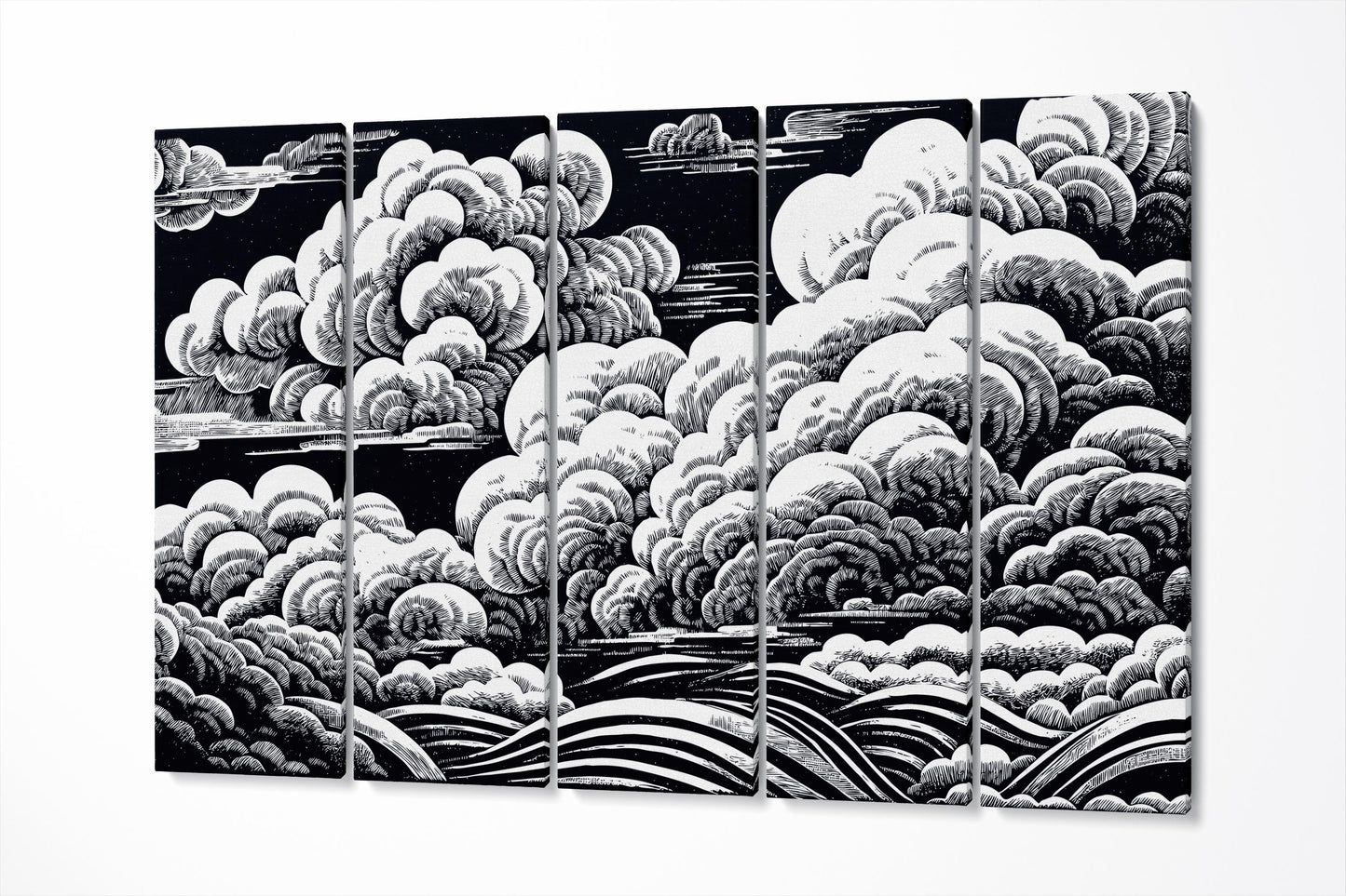 Hand-Sketched Black and White Clouds Japanese Style Eco Leather Wall Art Canvas Print 5 Panels