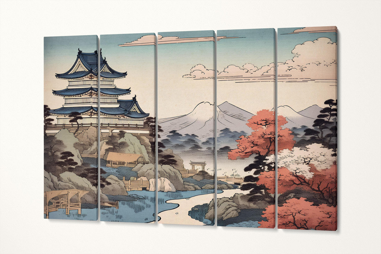 Japanese Pagoda & Mountain View Ukiyo-e Eco Wall Art Eco Leather Home Decor Canvas Print 5 Panels