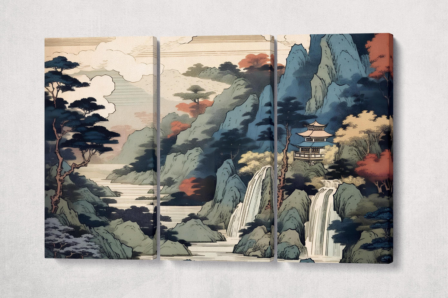 Waterfall Pagoda Ukiyo-e Wall Art Eco Leather Home Decor Canvas Print 3 Panels
