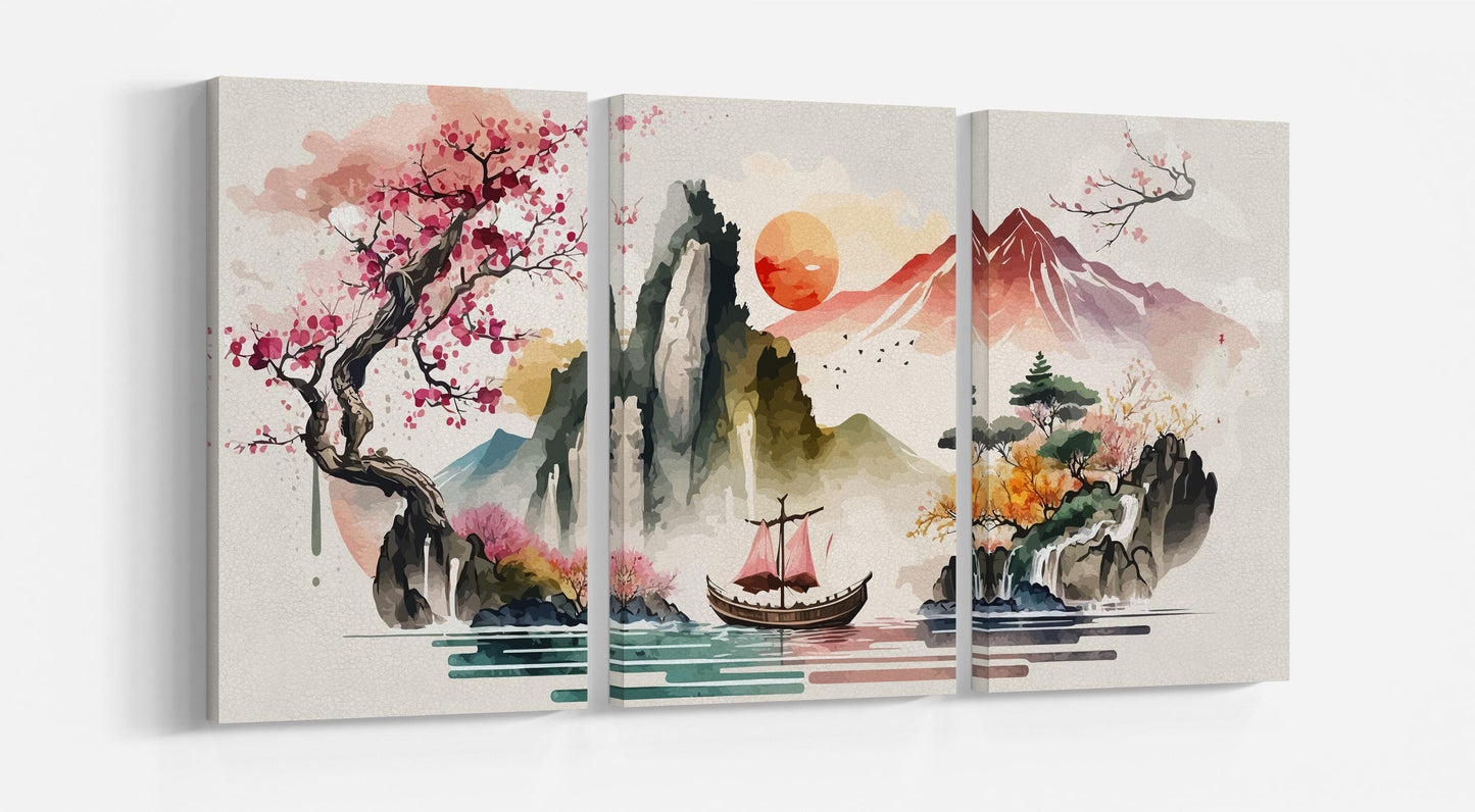 Ember Voyage: The Journey of the Junk Asian Wall Art Home Decor Framed Eco Leather Canvas Print 3 Panels