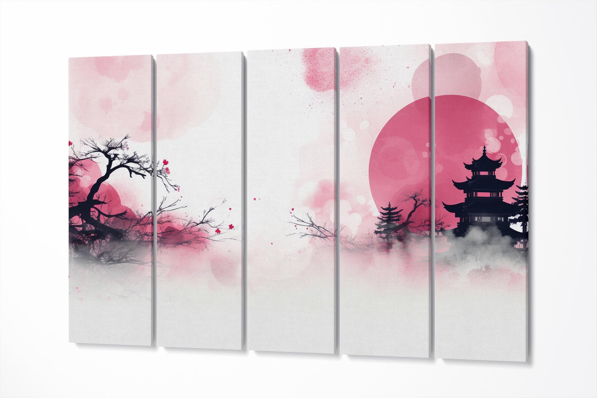 Cherry Blossom Dreamscape in Pink Japanese Wall Art Eco Leather Home Decor Canvas Print 5 Panels