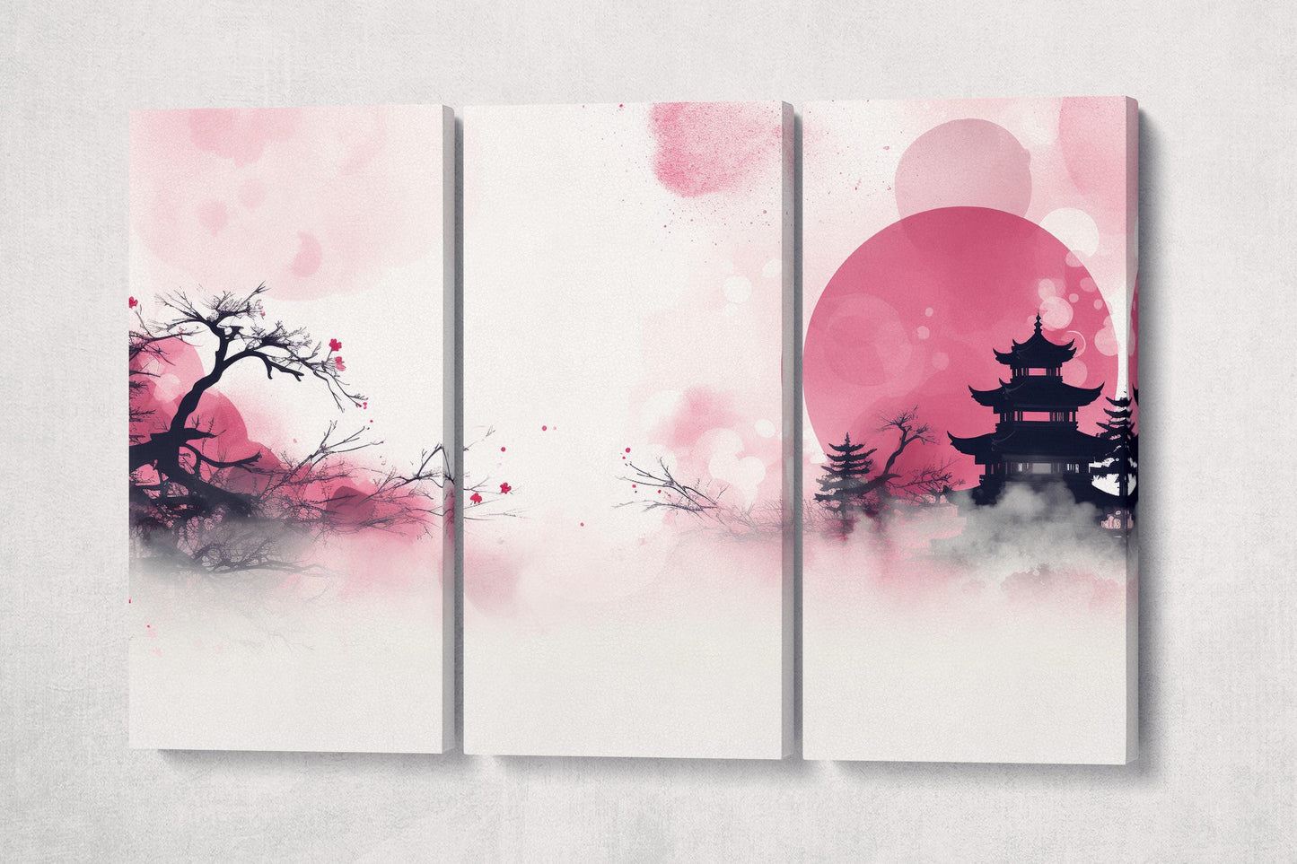 Cherry Blossom Dreamscape in Pink Japanese Wall Art Eco Leather Home Decor Canvas Print 3 Panels