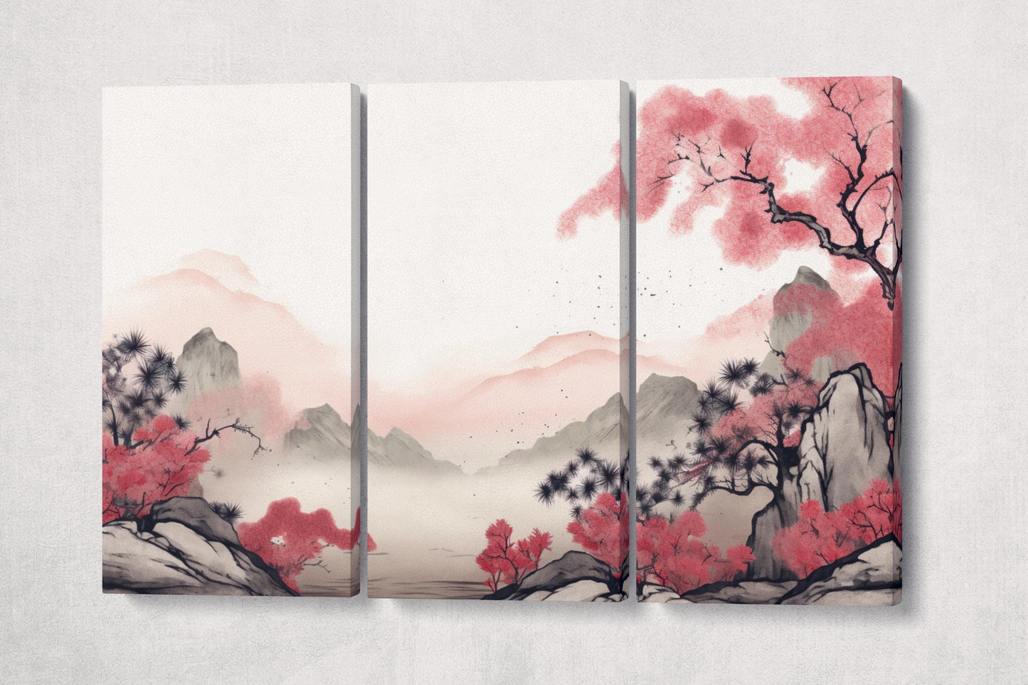 Whispers of Sakura Mist Japanese Mountain Wall Art Eco Leather Home Decor Canvas Print 3 Panels