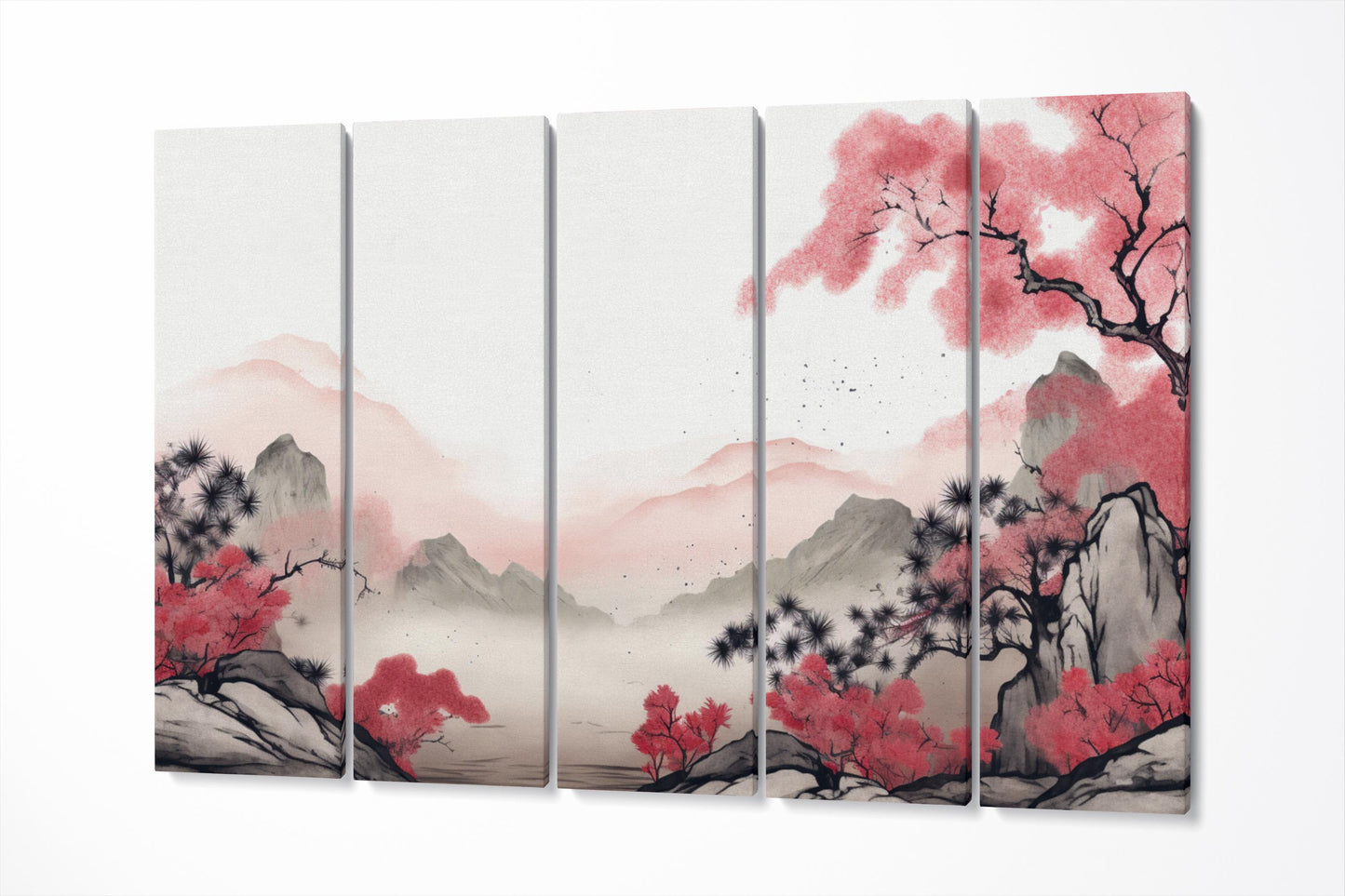 Whispers of Sakura Mist Japanese Mountain Wall Art Eco Leather Home Decor Canvas Print 5 Panels