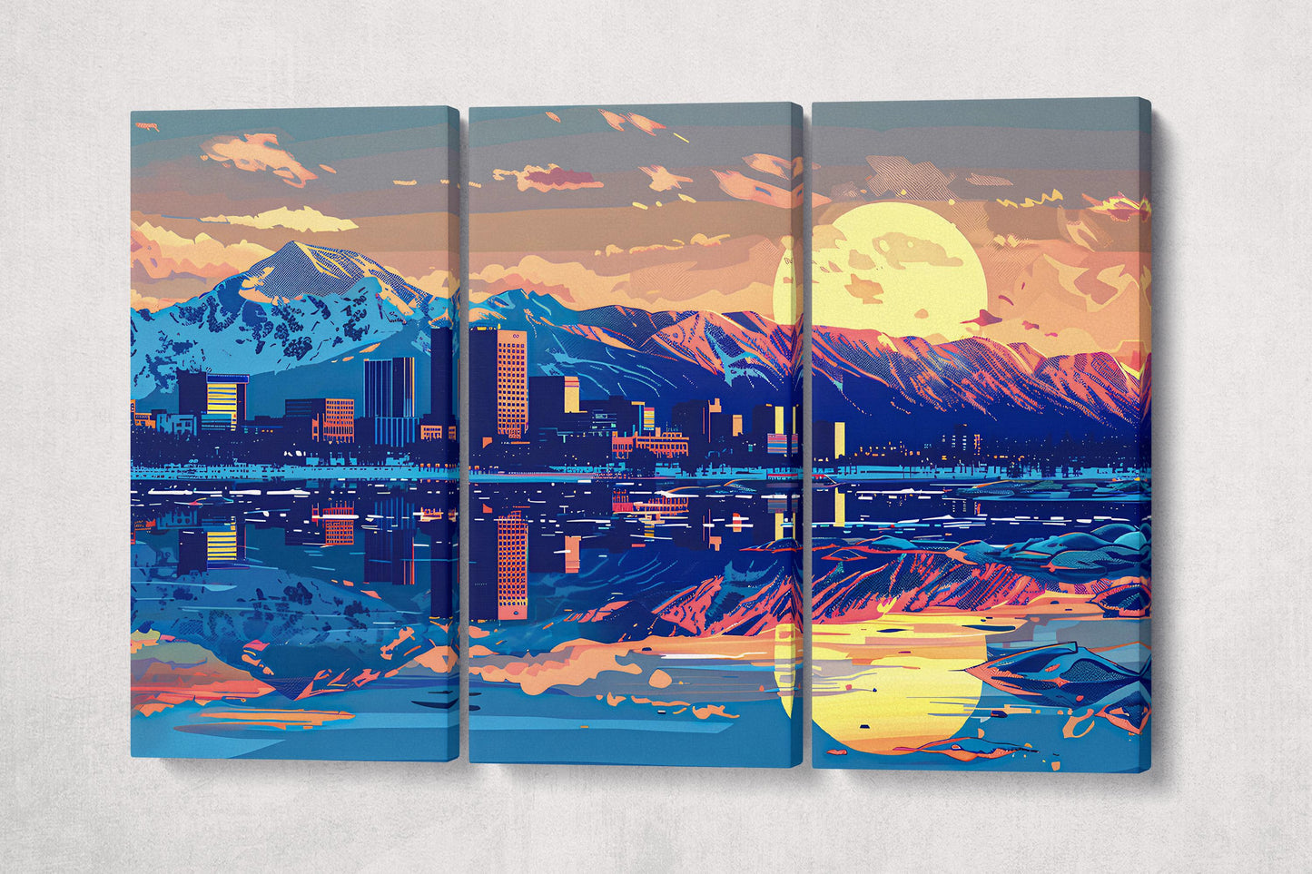 Anchorage, Alaska Dawn Retro Game Style Cityscape Wall Art Eco Leather Home Decor Canvas Print 3 Panels