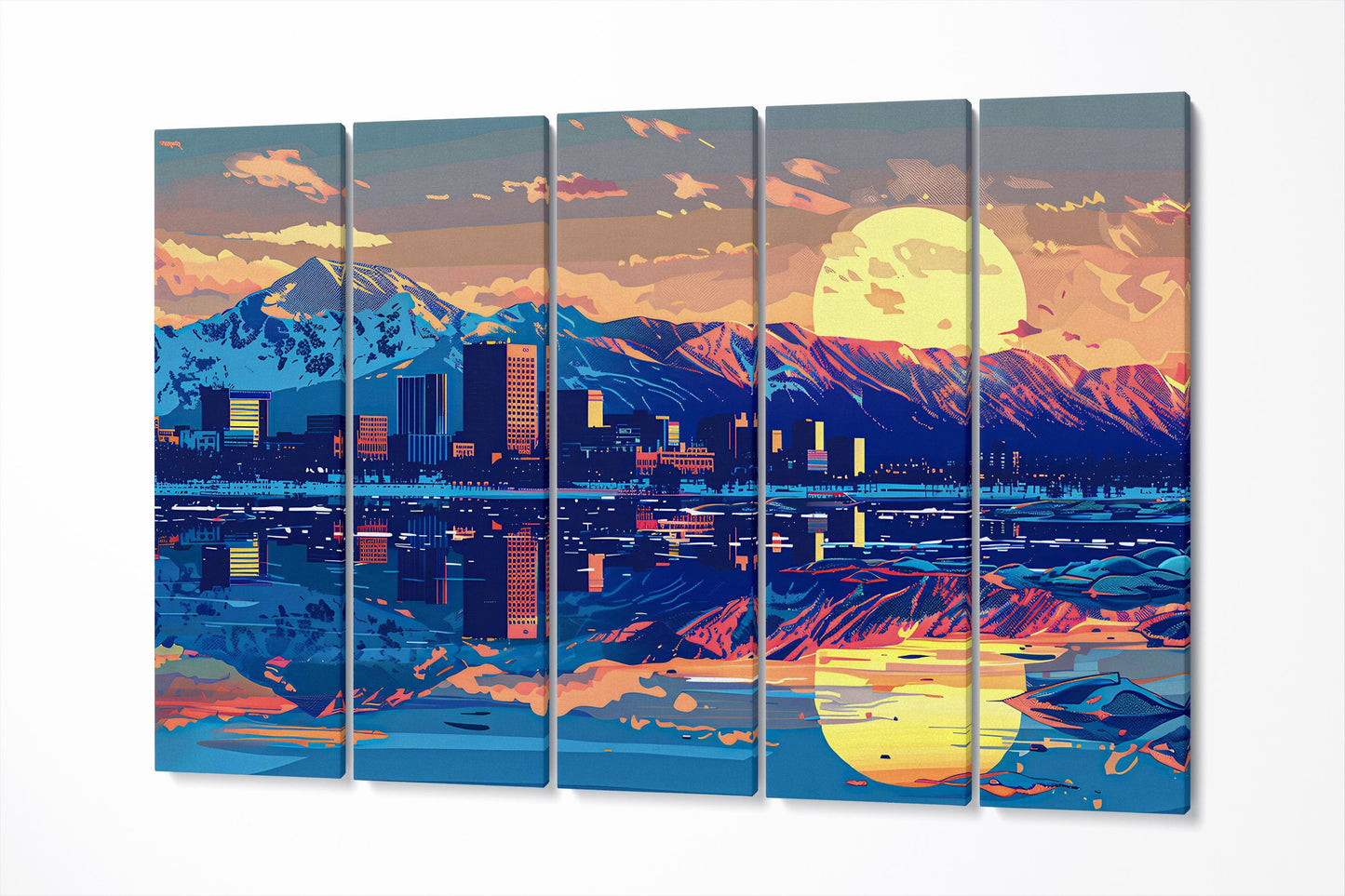 Anchorage, Alaska Dawn Retro Game Style Cityscape Wall Art Eco Leather Home Decor Canvas Print 5 Panels