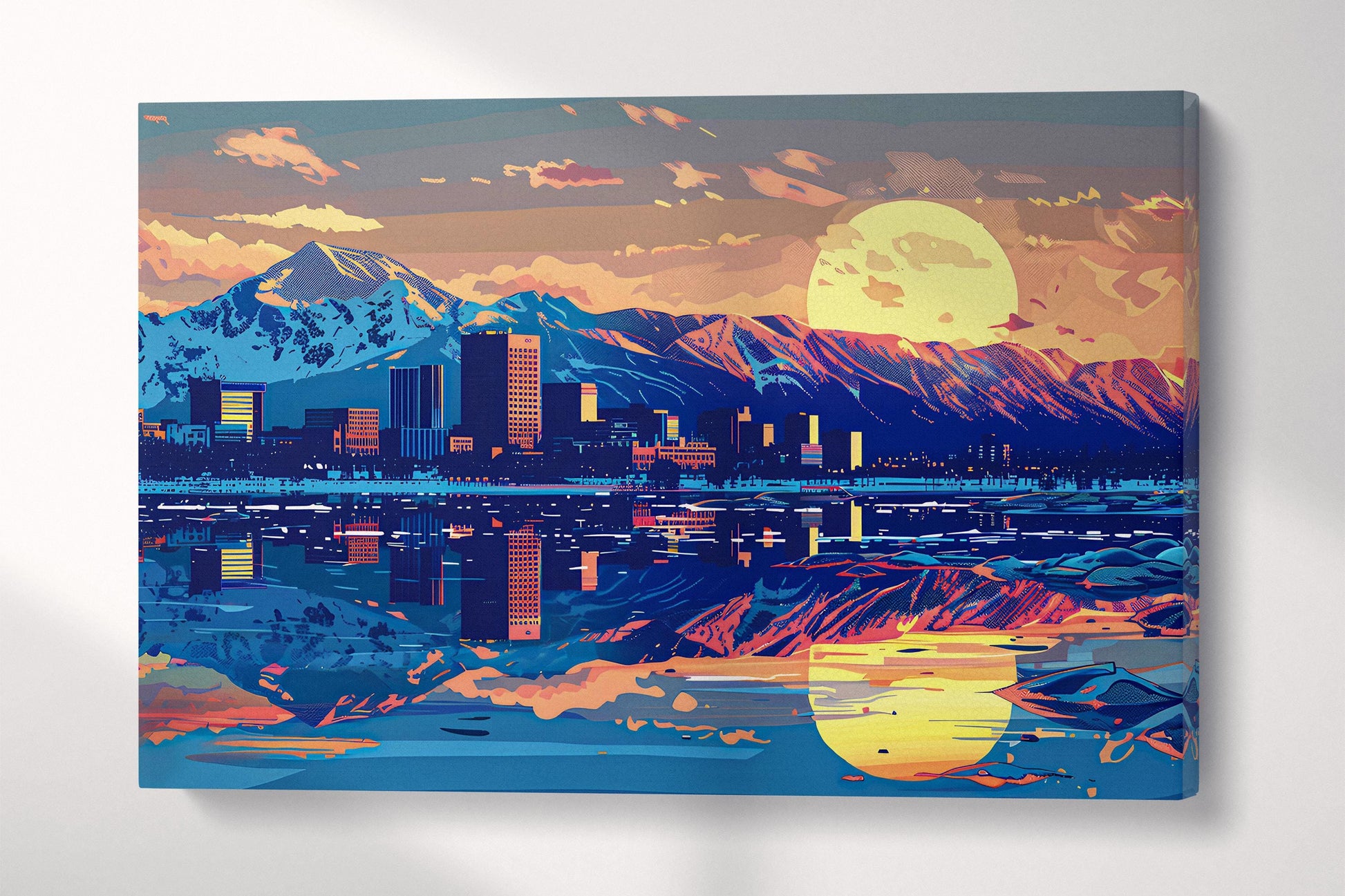 Anchorage, Alaska Dawn Retro Game Style Cityscape Wall Art Eco Leather Home Decor Canvas Print Single Panel