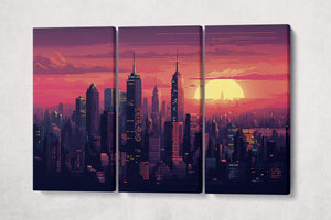 New York Sunset Skyline 8-Bit Pixel Art Wall Art Eco Leather Home Decor Canvas Print 3 Panels
