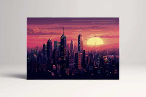 New York Sunset Skyline 8-Bit Pixel Art Wall Art Eco Leather Home Decor Canvas Print