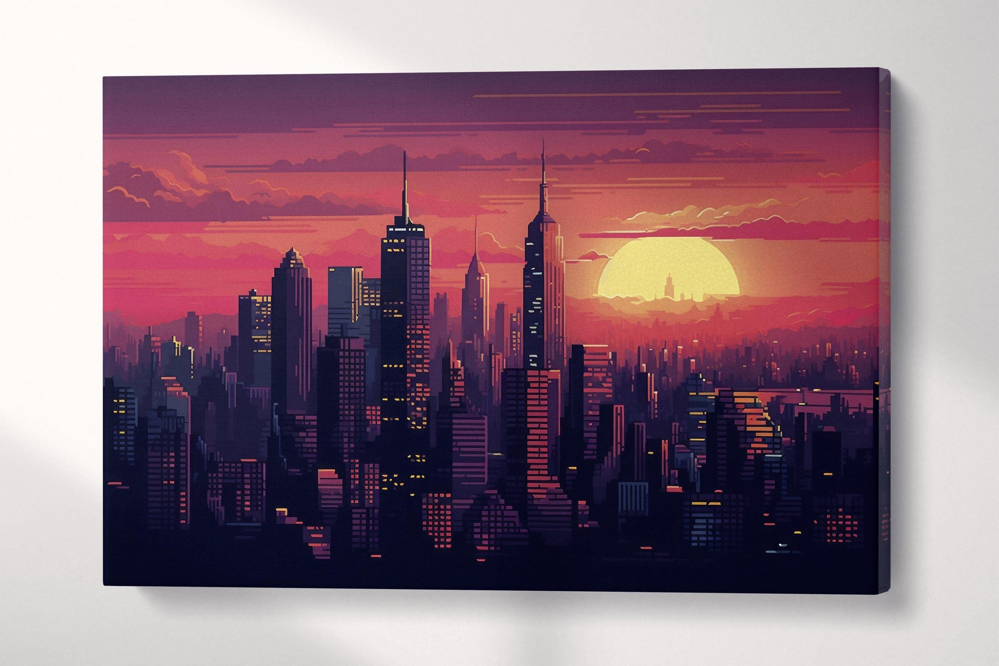 New York Sunset Skyline 8-Bit Pixel Art Wall Art Eco Leather Home Decor Canvas Print Single