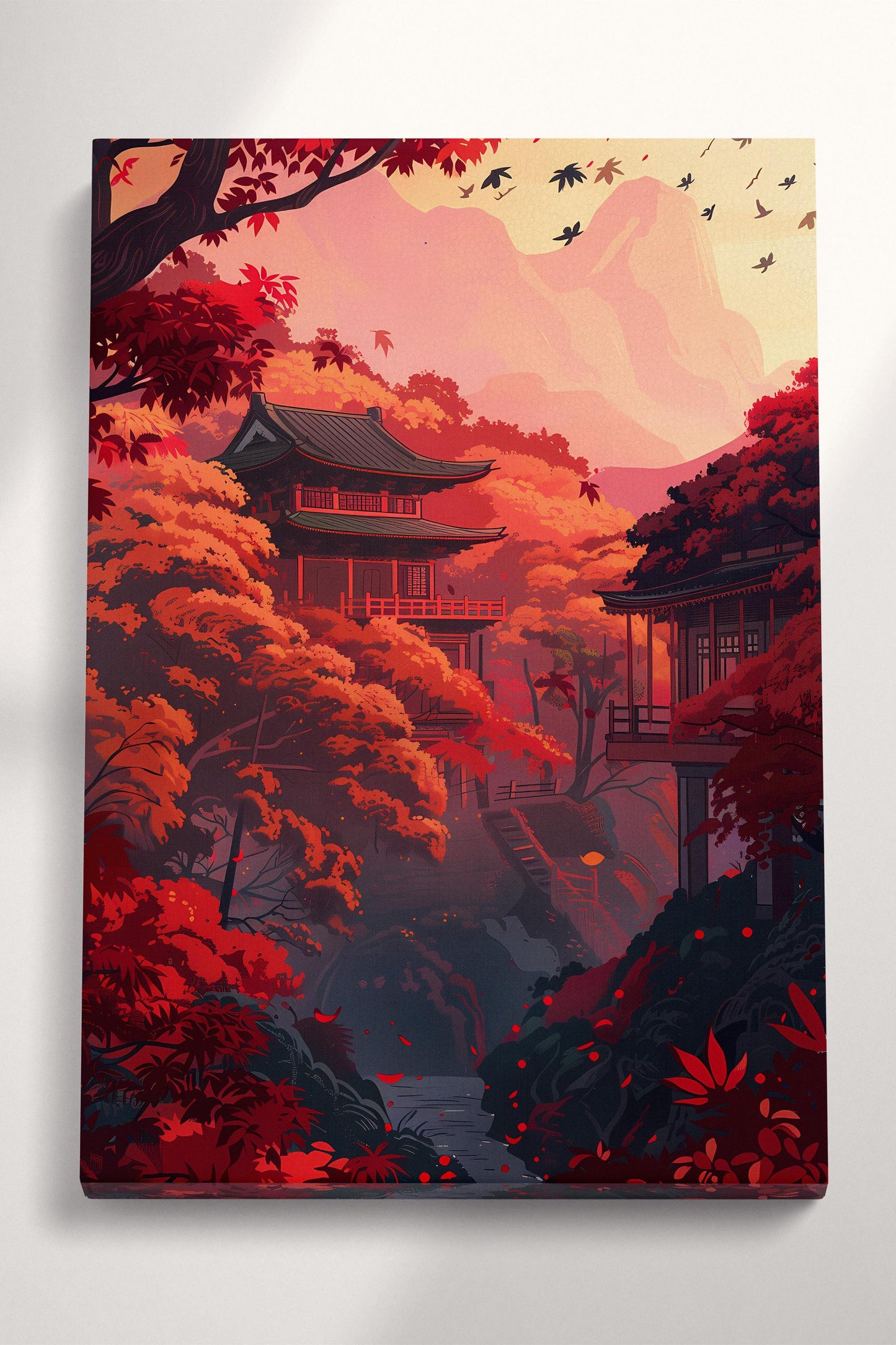 Serenity in Scarlet Japanese Autumn Wall Art Eco Leather Canvas Wall Decor Print