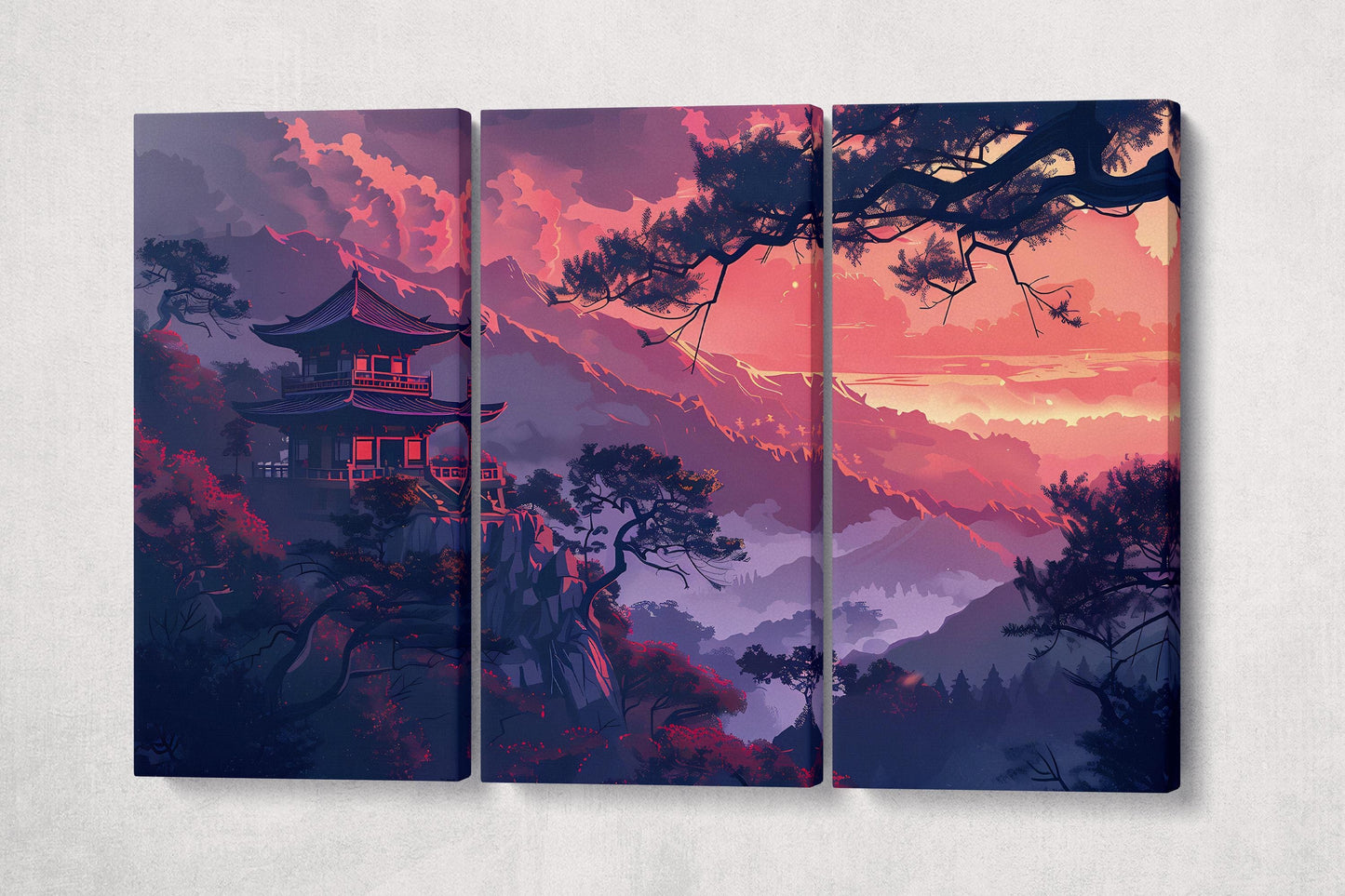 Japanese Red Mountain Sunset Wall Art Eco Leather Home Decor Canvas Print 3 Panels