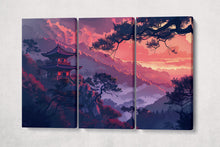 Charger l&#39;image dans la galerie, Japanese Red Mountain Sunset Wall Art Eco Leather Home Decor Canvas Print 3 Panels