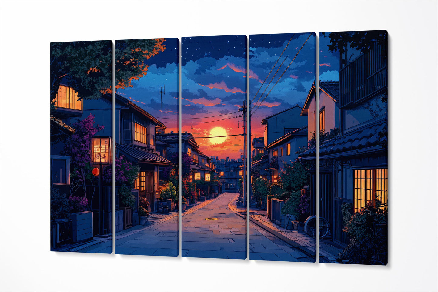 Japanese Twilight Street Scene Wall Art Eco Leather Home Decor Canvas Print 5 Panels