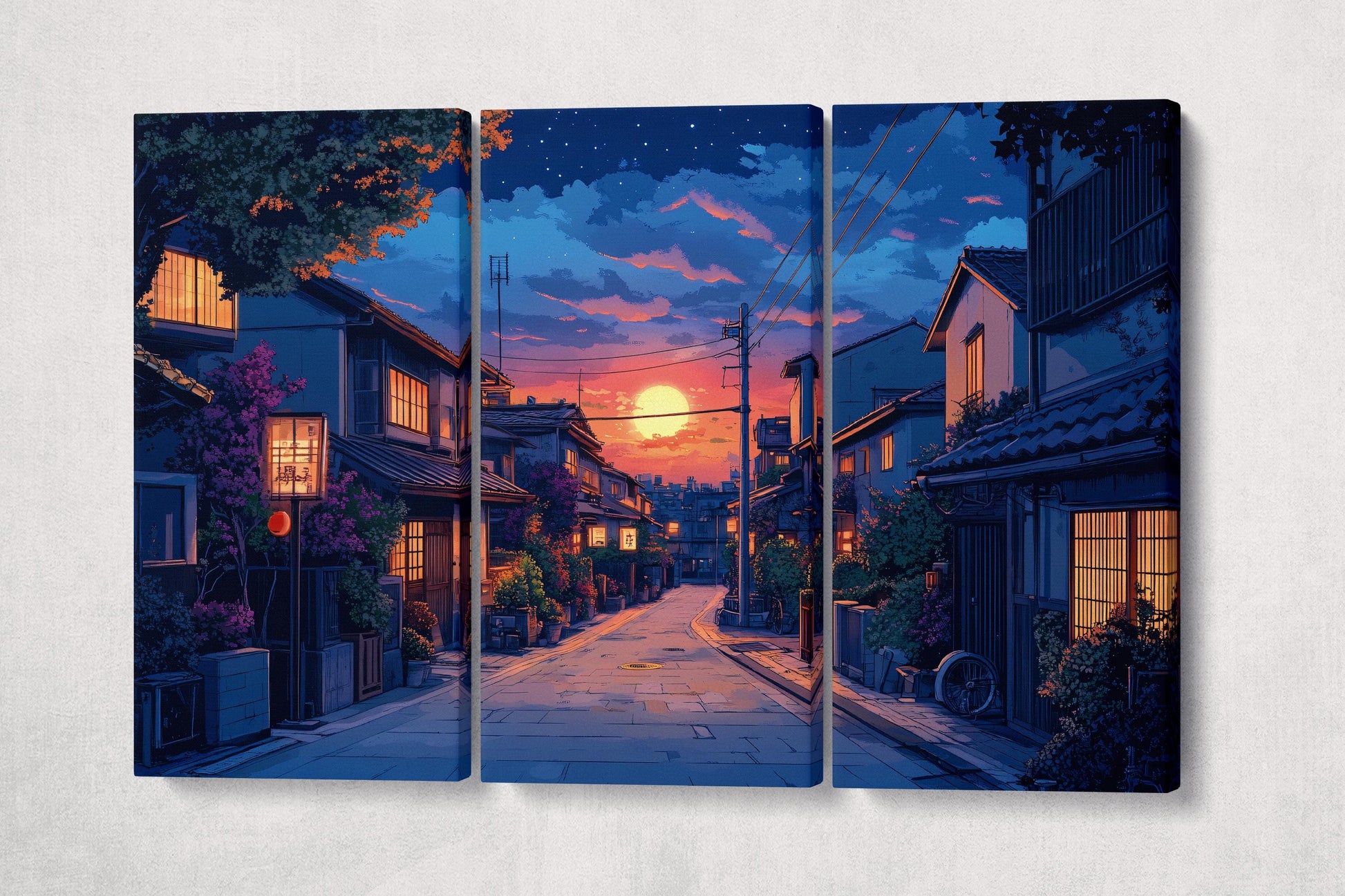 Japanese Twilight Street Scene Wall Art Eco Leather Home Decor Canvas Print 3 Panels