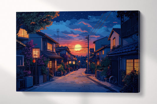 Japanese Twilight Street Scene Wall Art Eco Leather Home Decor Canvas Print Single Panel