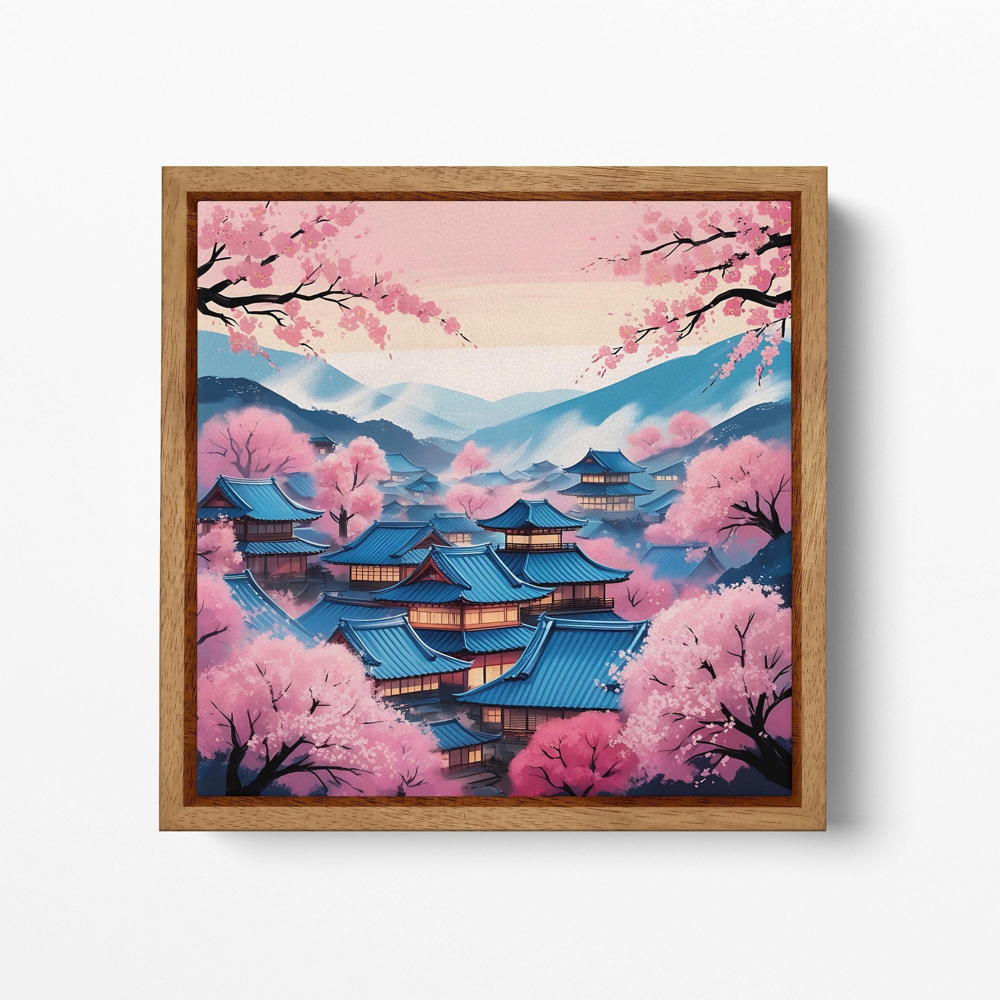 Cherry Blossom Village in Japan Wall Art Canvas Eco Leather Print Natural Wood Frame