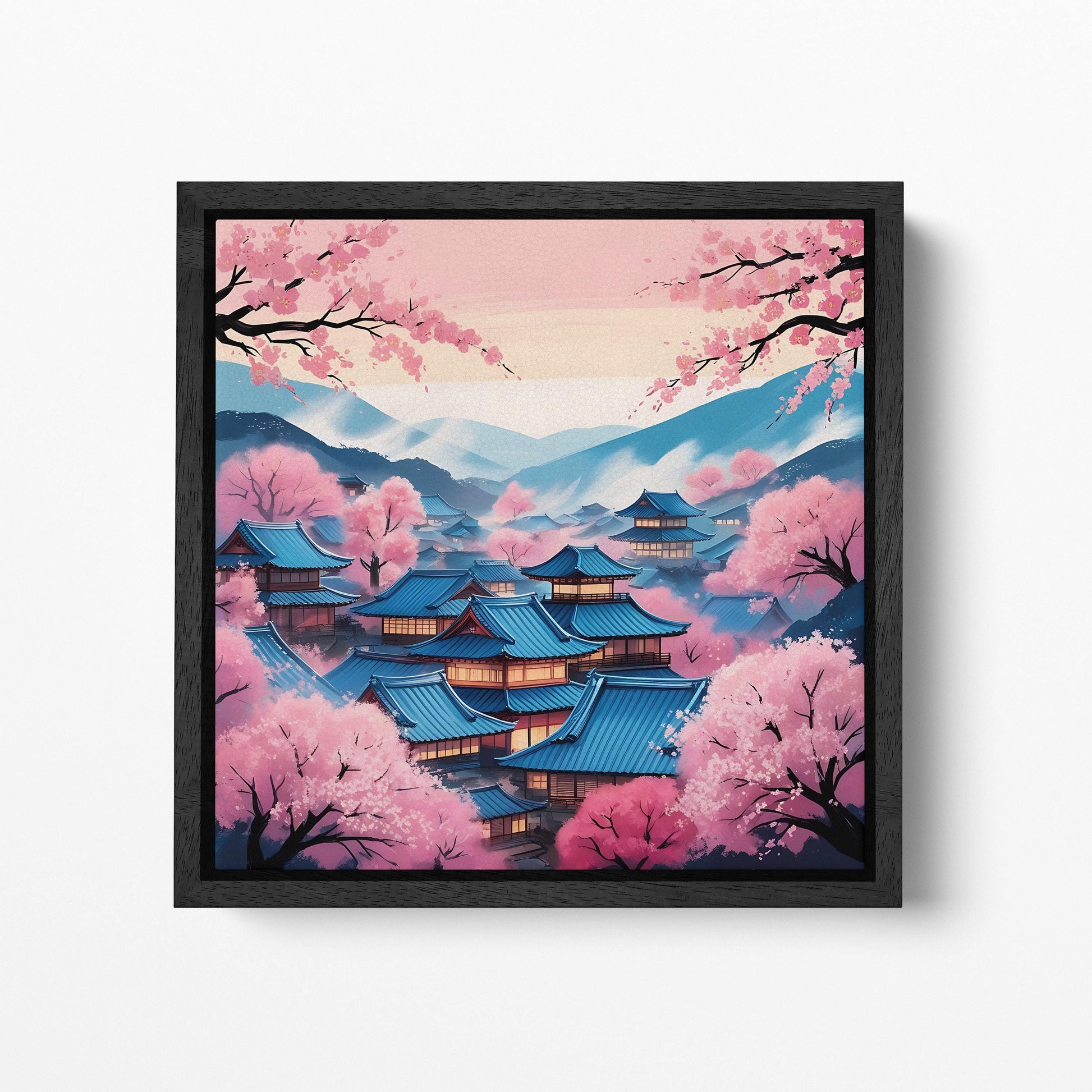 Cherry Blossom Village in Japan Wall Art Canvas Eco Leather Print Black Frame
