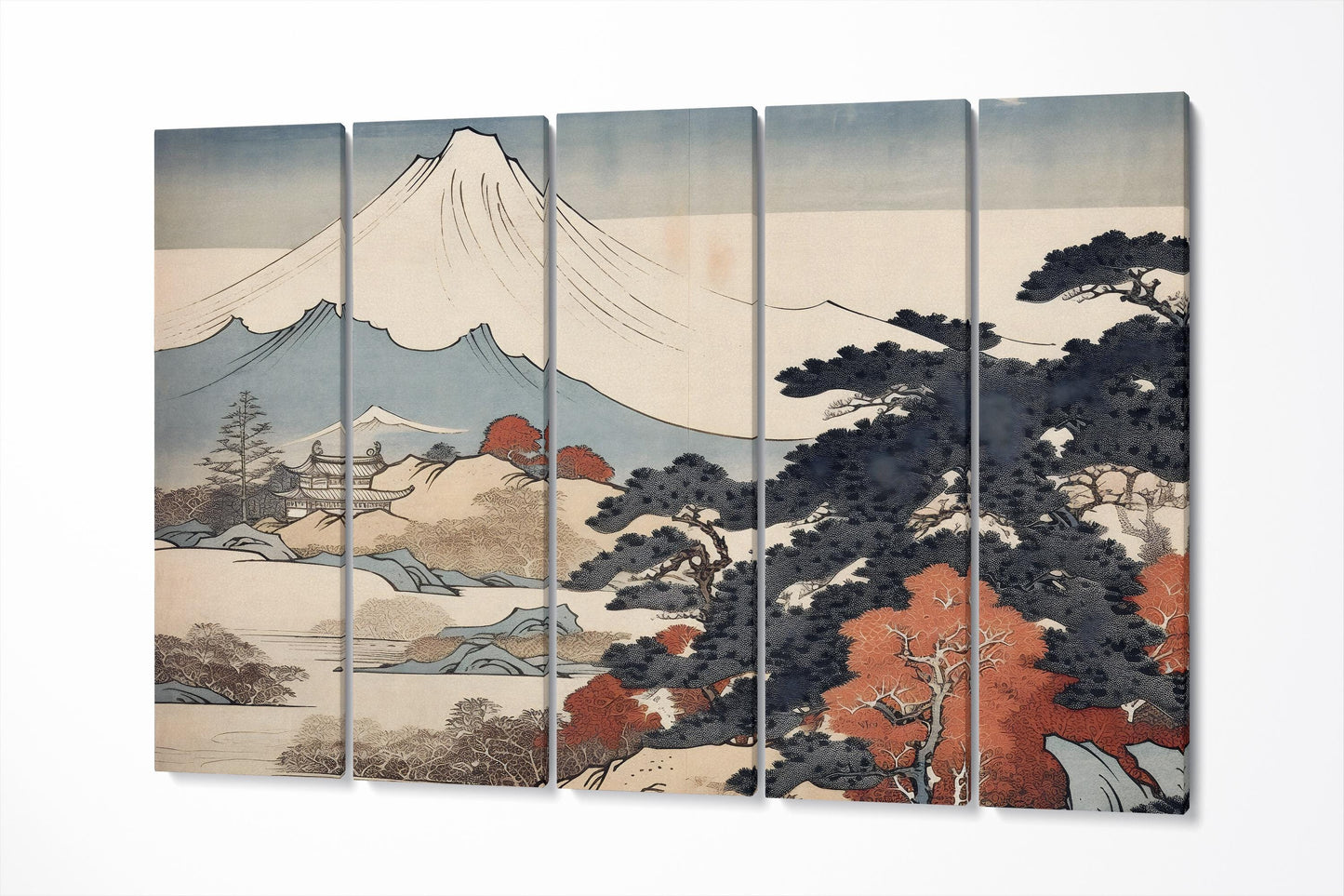 Mount Fuji Ukiyo-e Artwork Eco Leather Home Decor Canvas Print 5 Panels