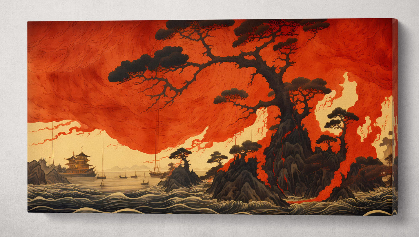 Fiery Japanese Landscape Framed Art Print Wall Decor on Eco Leather Canvas Single