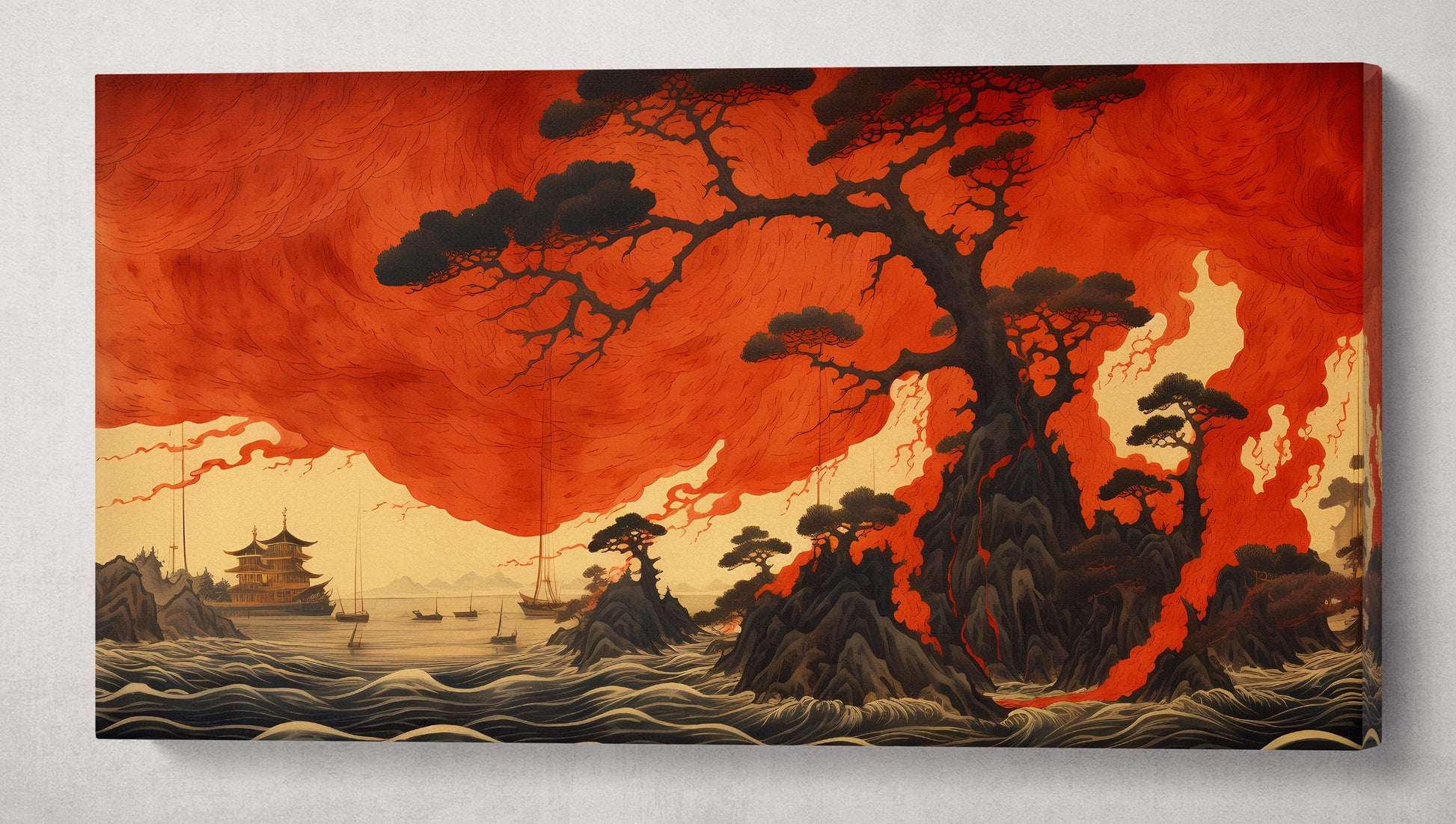 Fiery Japanese Landscape Framed Art Print Wall Decor on Eco Leather Canvas Single