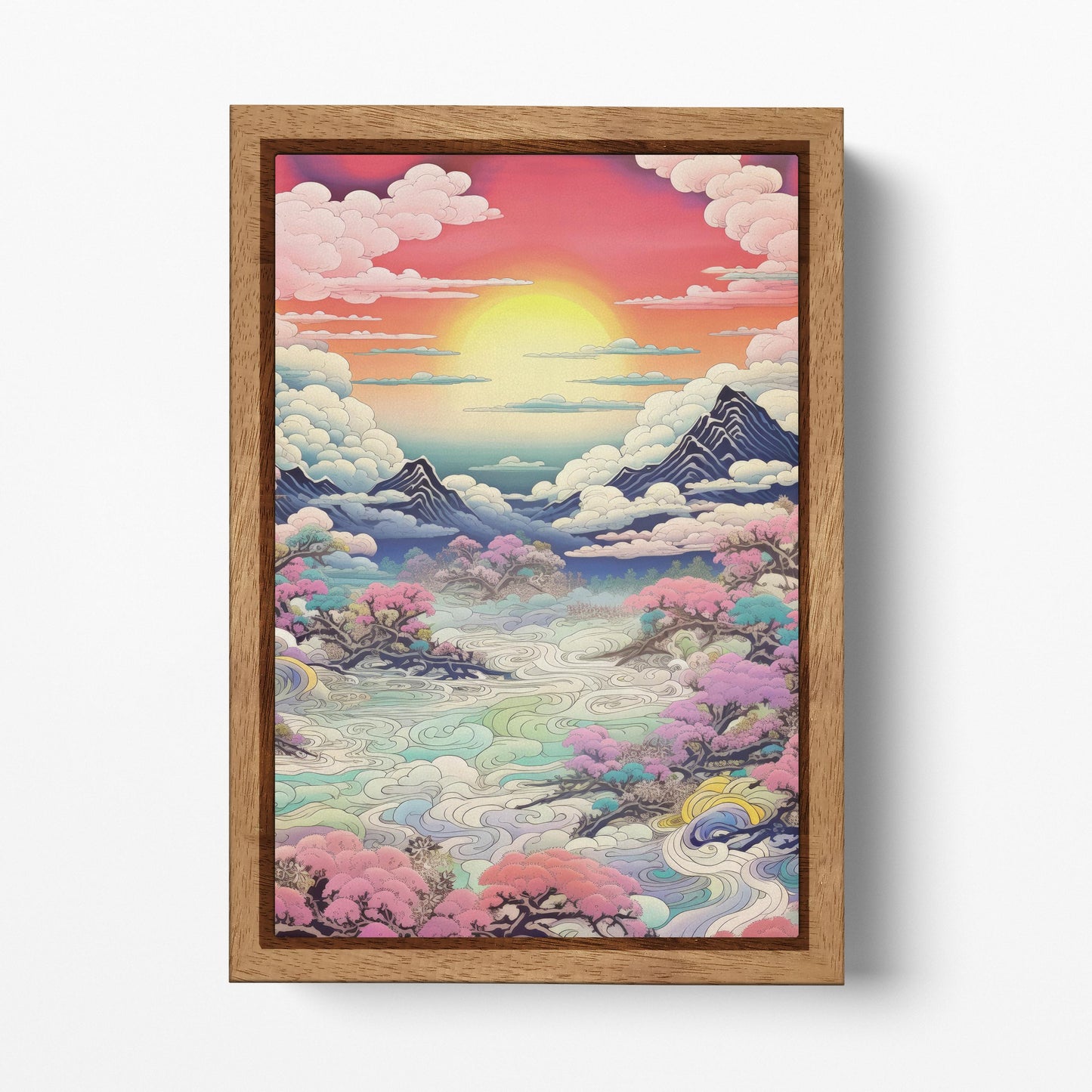 Vibrant Sunset Over Pastel Clouds & Cherry Trees Japanese Style Wall Art Eco Leather Canvas Wall Decor Print Wood Frame