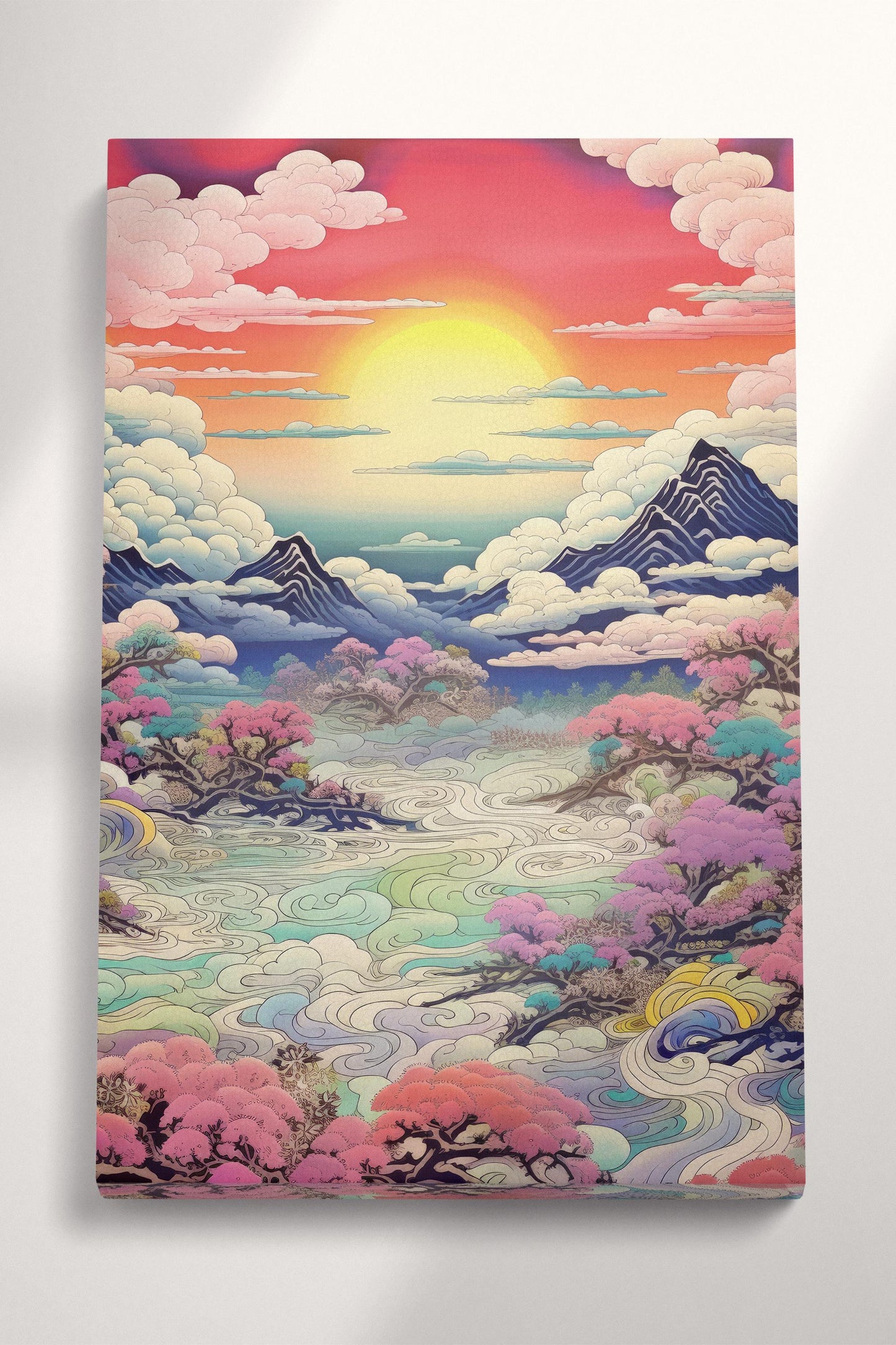 Vibrant Sunset Over Pastel Clouds & Cherry Trees Japanese Style Wall Art Eco Leather Canvas Wall Decor Print