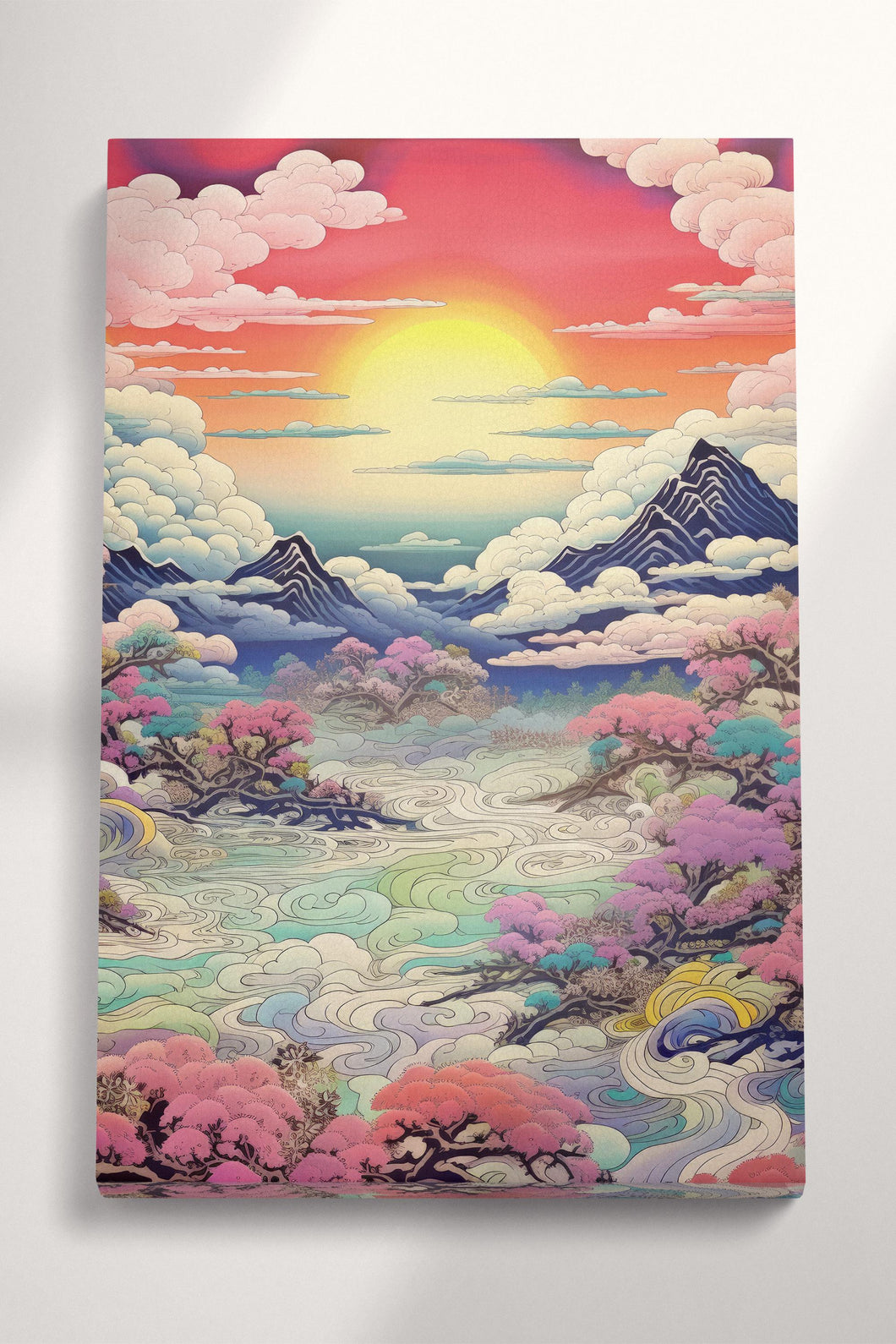 Vibrant Sunset Over Pastel Clouds & Cherry Trees Japanese Style Wall Art Eco Leather Canvas Wall Decor Print