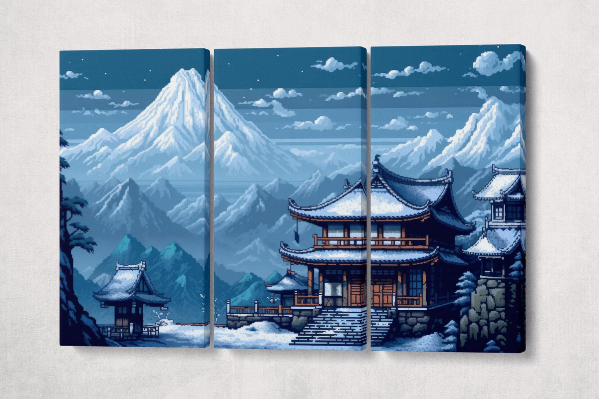 Pixel Art 8-bit Winter Temple Scene Japanese Snowy Mountains Eco Leather Wall Art Canvas Print 3 Panels