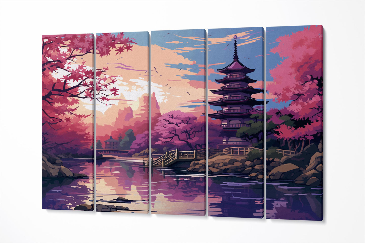 Cherry Blossom Sunset Japanese Pagoda Eco Leather Wall Art Canvas Print 5 Panels