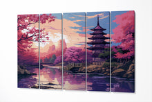 Load image into Gallery viewer, Cherry Blossom Sunset Japanese Pagoda Eco Leather Wall Art Canvas Print 5 Panels