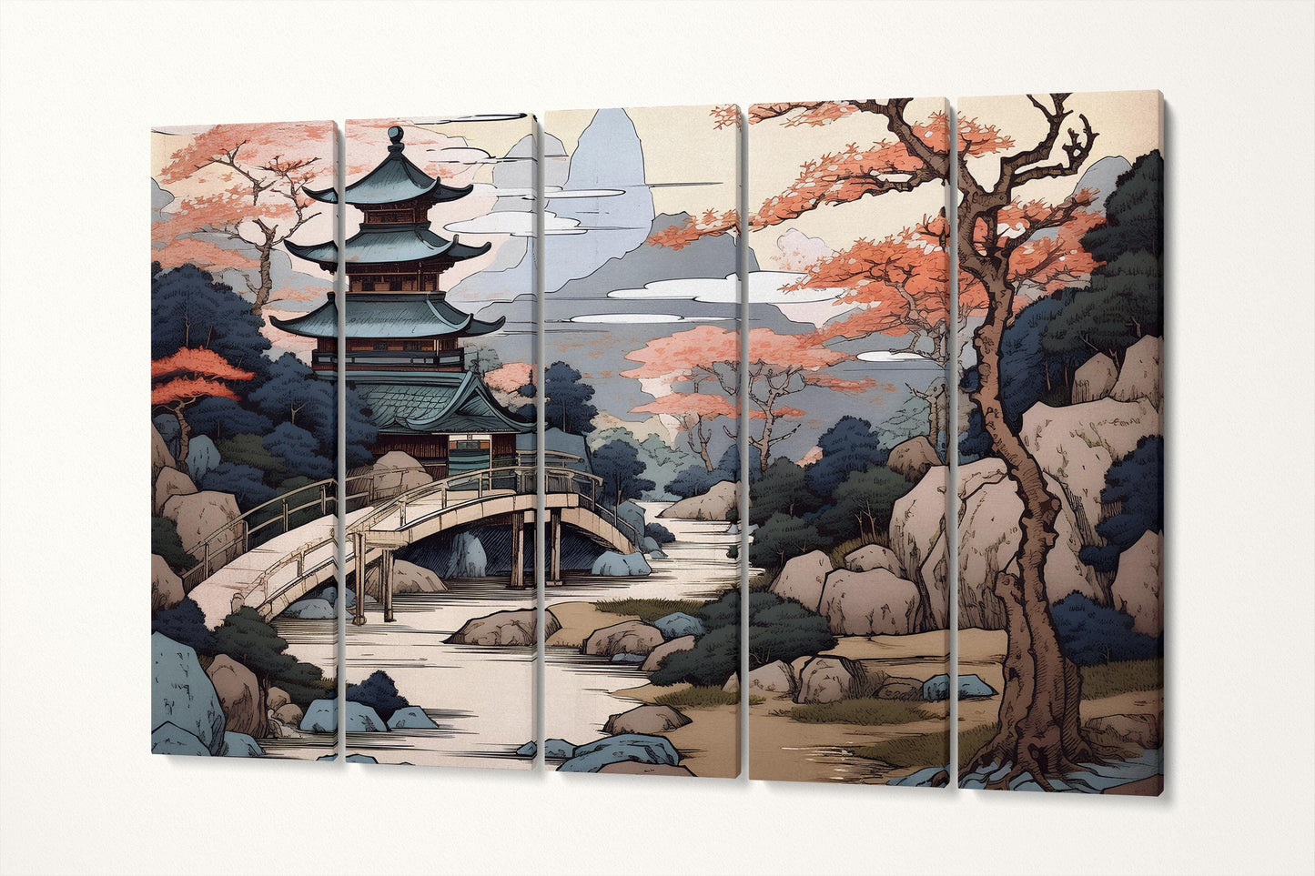 Japanese Temple by the Enchanted River in Soft Tones Canvas Home Art Wall Decor Eco Leather Print 5 Panels