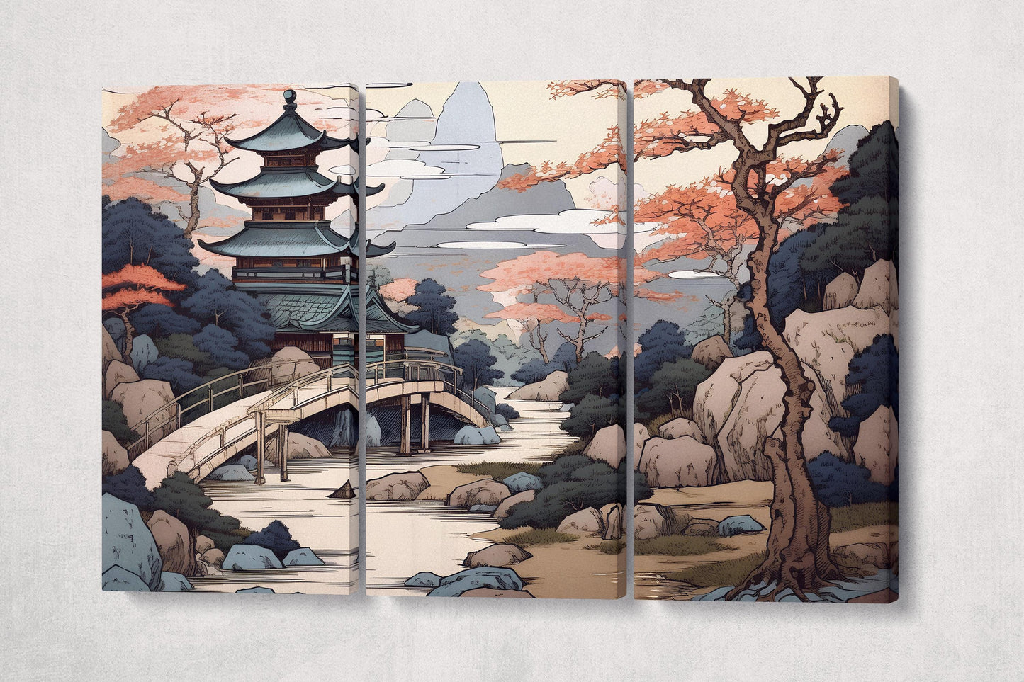Japanese Temple by the Enchanted River in Soft Tones Canvas Home Art Wall Decor Eco Leather Print 3 Panels