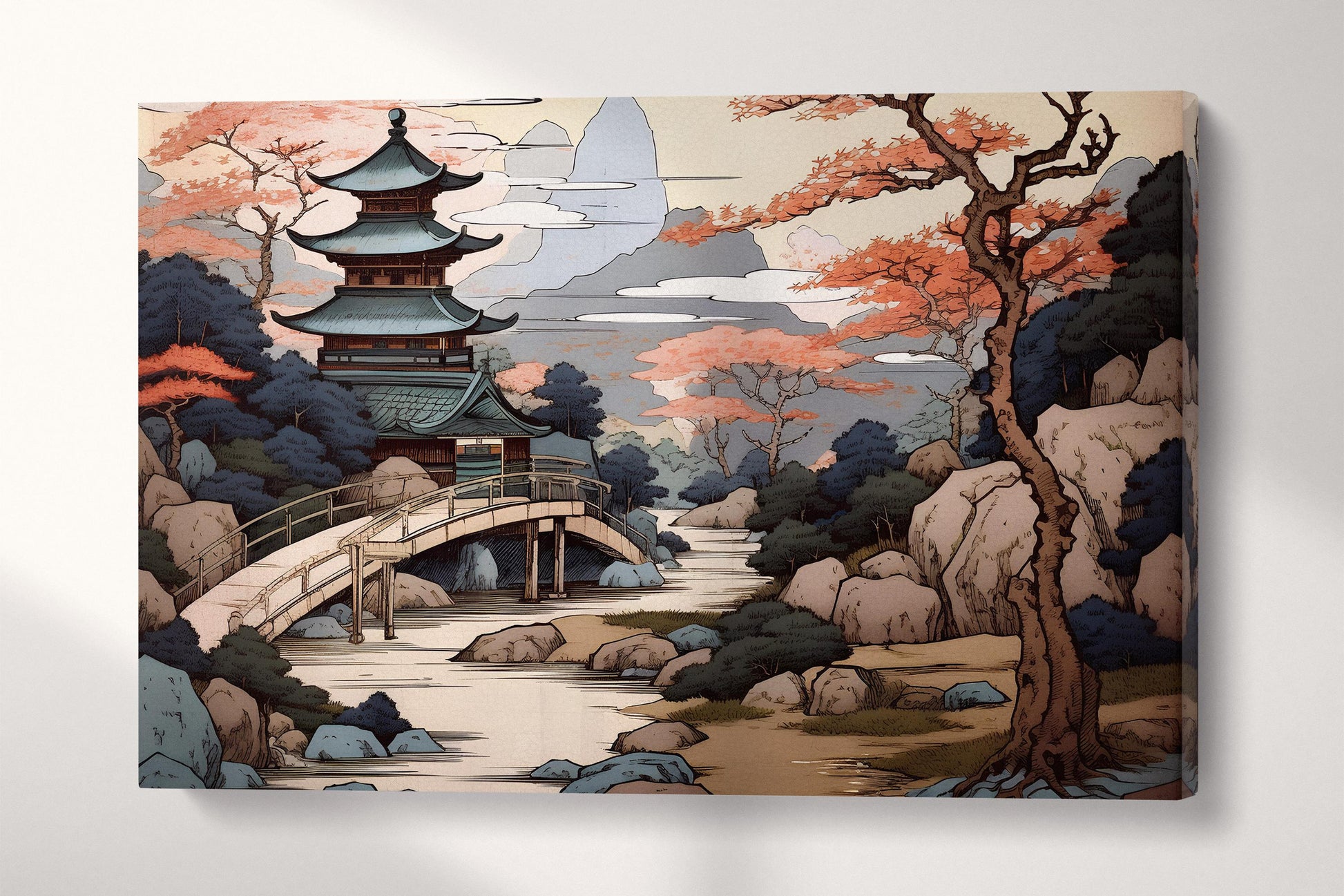 Japanese Temple by the Enchanted River in Soft Tones Canvas Home Art Wall Decor Eco Leather Print Single Panel