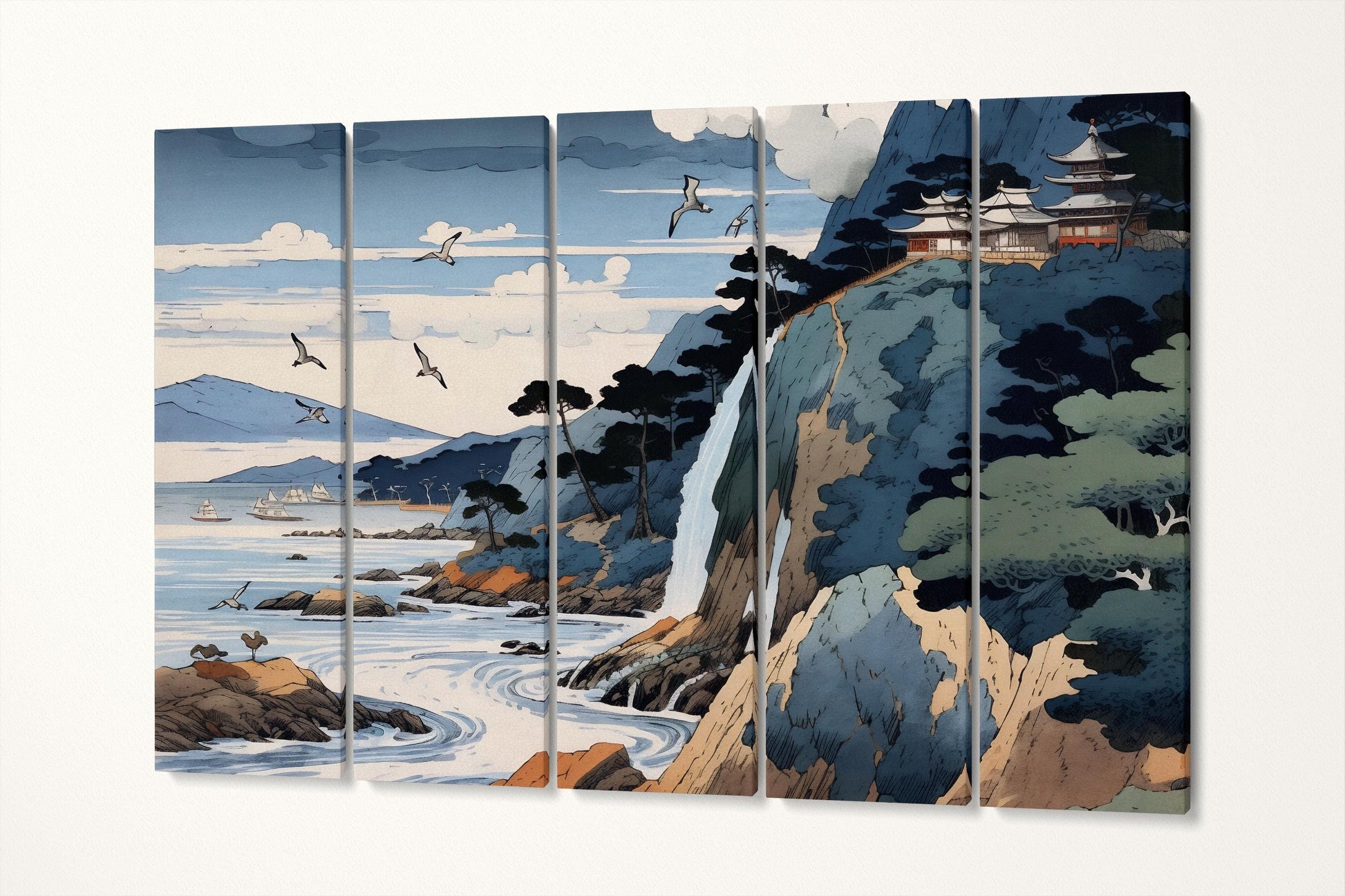 Japanese Coastal Serenity: Waterfalls and Waves Canvas Home Art Wall Decor Eco Leather Print 5 Panels