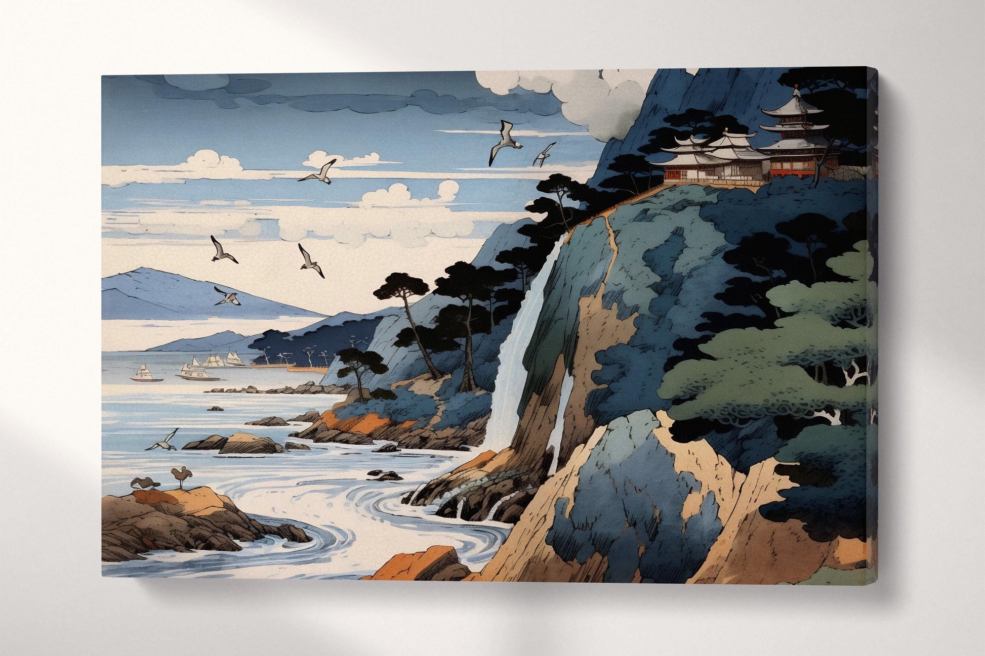 Japanese Coastal Serenity: Waterfalls and Waves Canvas Home Art Wall Decor Eco Leather Print Single Panel