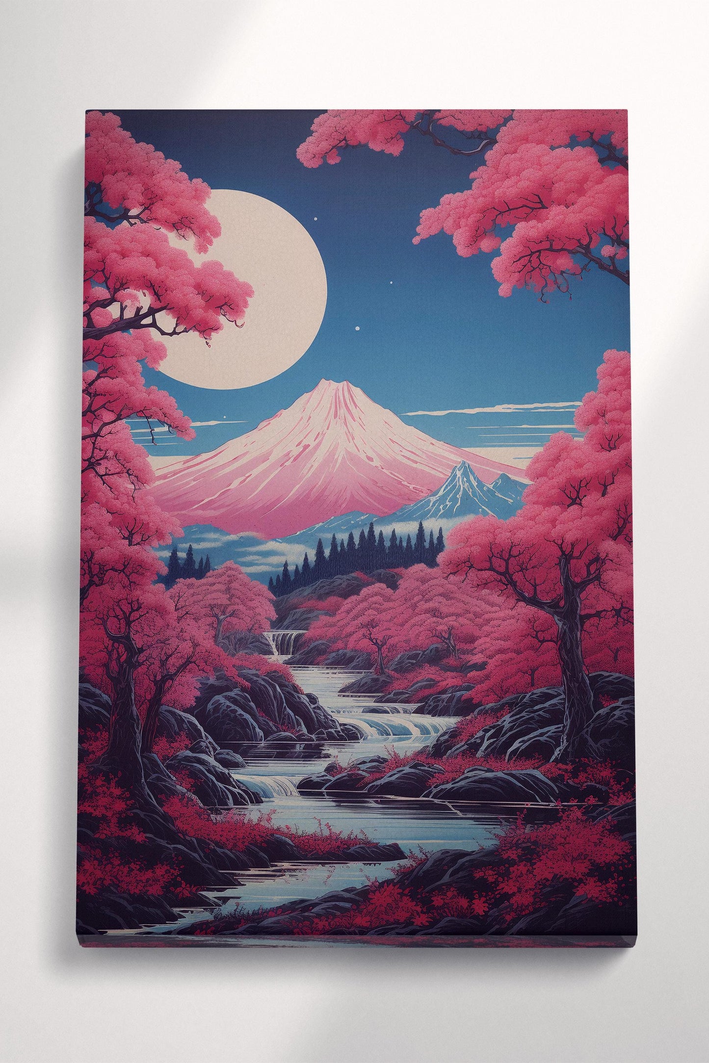 Moonlit Sakura Landscape Japanese Ukiyo-e Style Wall Art Eco Leather Canvas Wall Decor Print