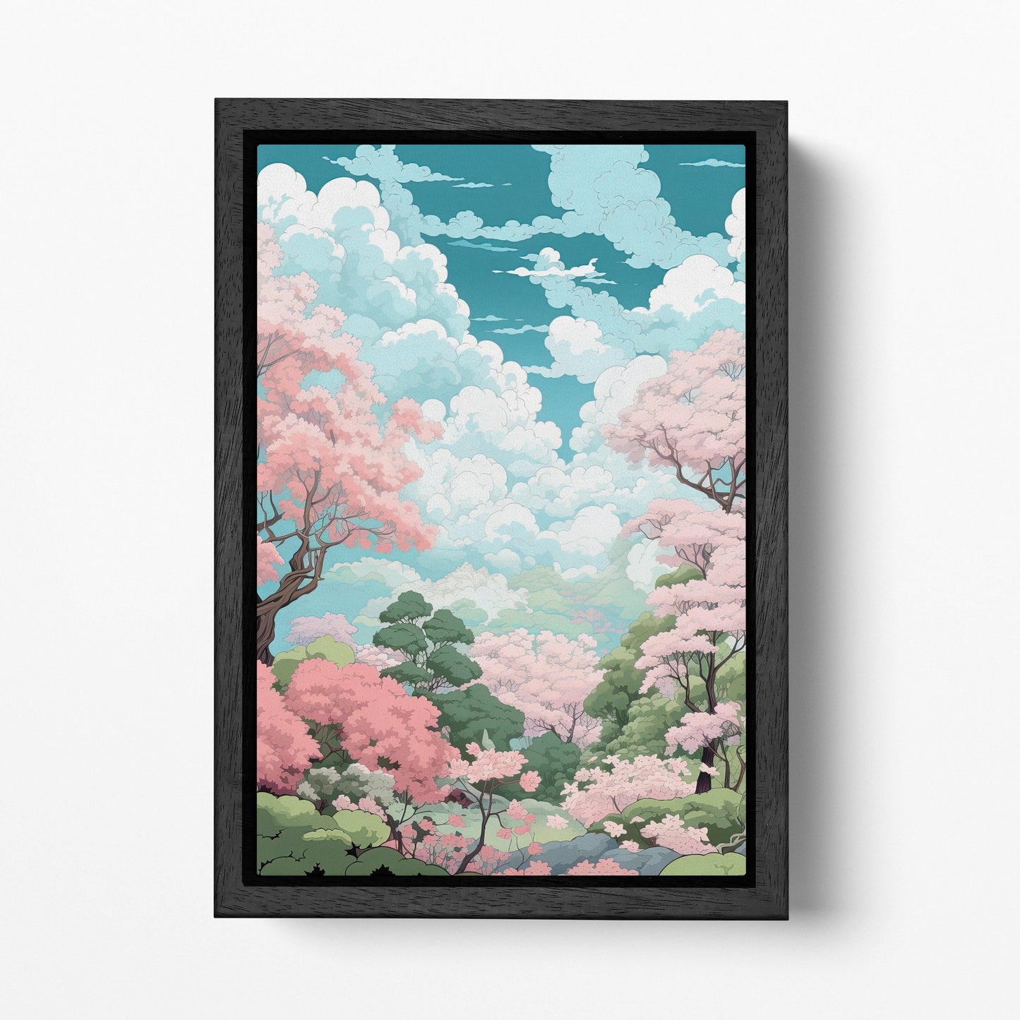 Anime-Inspired Sakura Clouds Japanese Garden Wall Art Eco Leather Canvas Wall Decor Print Black Frame
